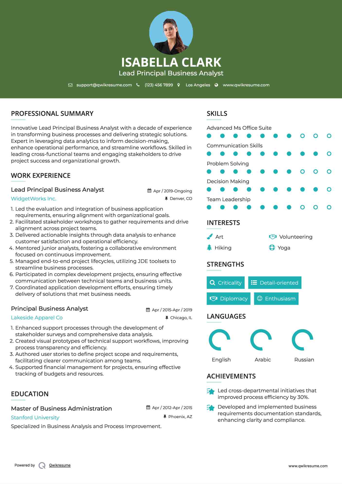 Lead Principal Business Analyst Resume Template