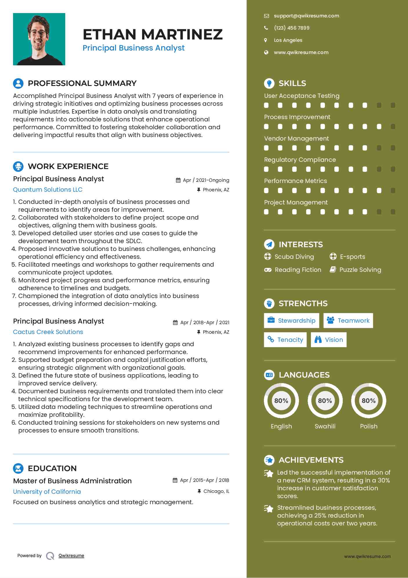 Principal Business Analyst Resume Sample