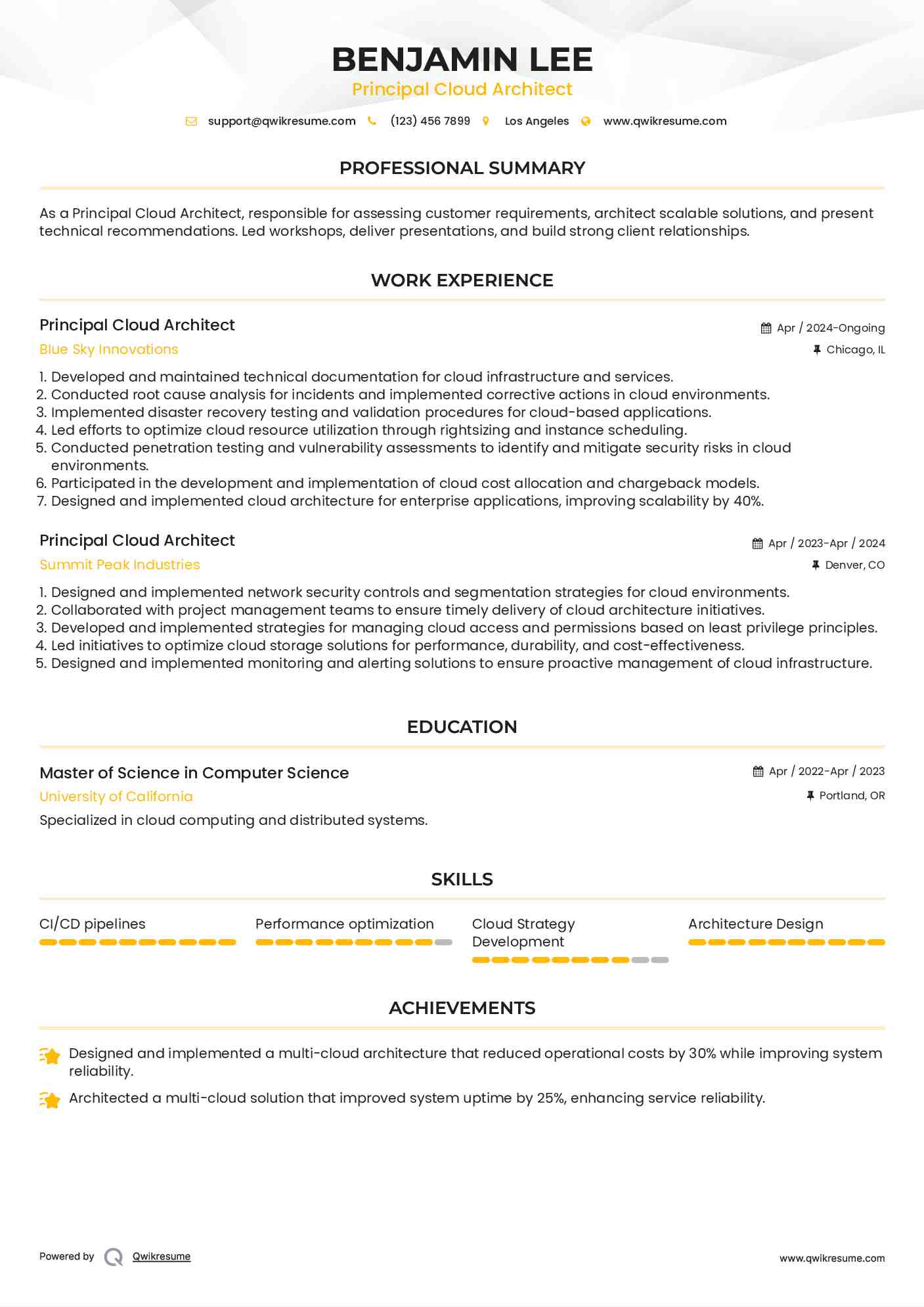 Principal Cloud Architect Resume Example