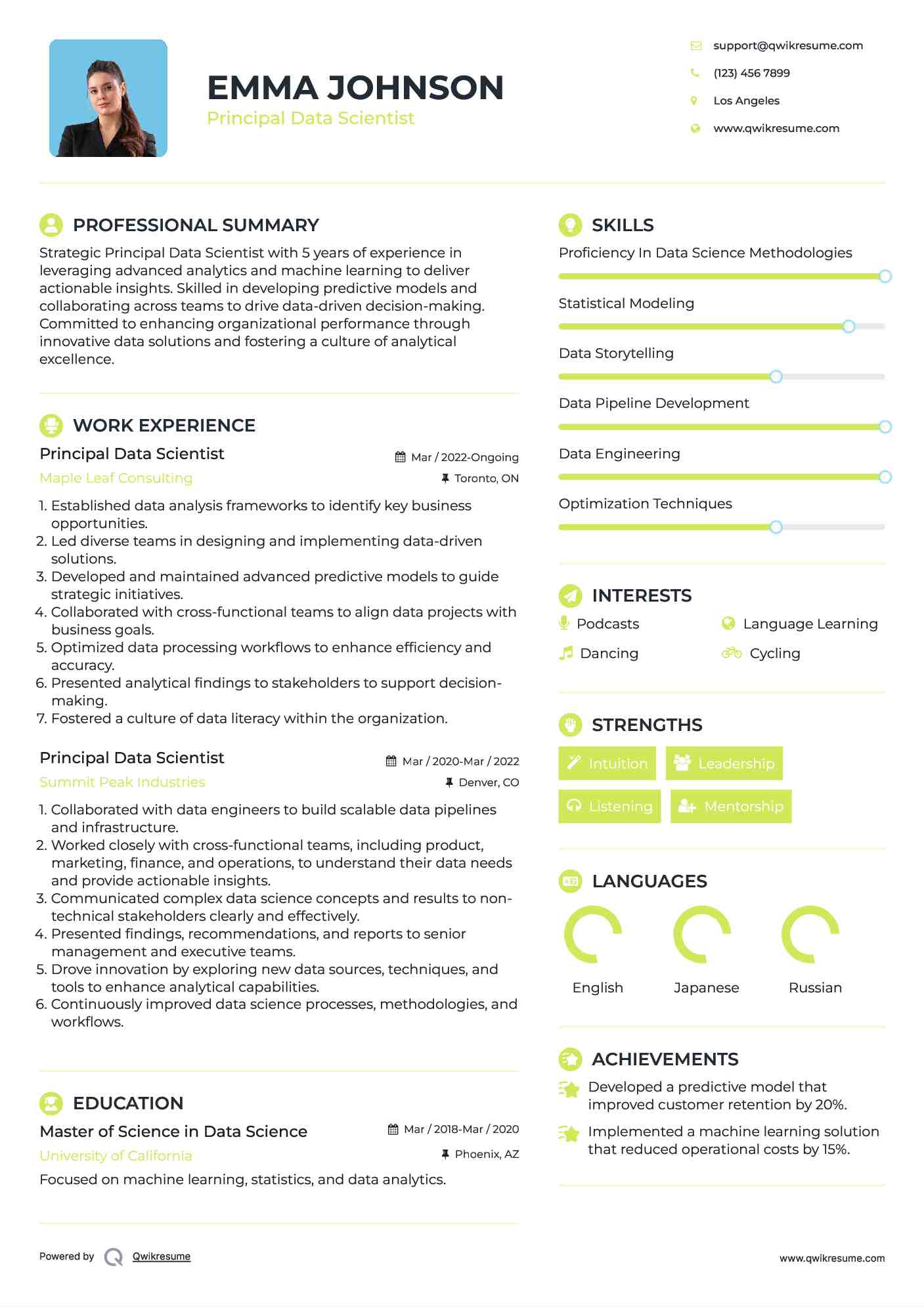 Principal Data Scientist Resume Template