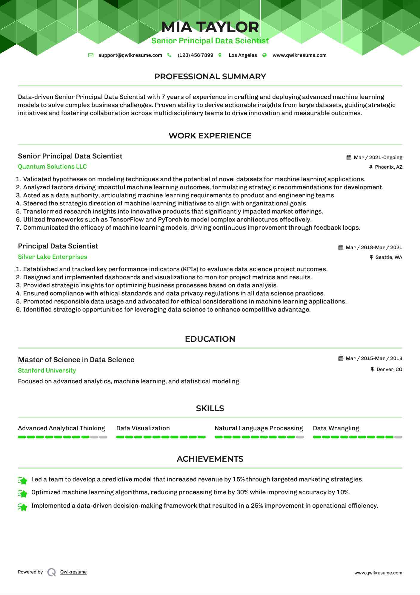 Senior Principal Data Scientist Resume Model