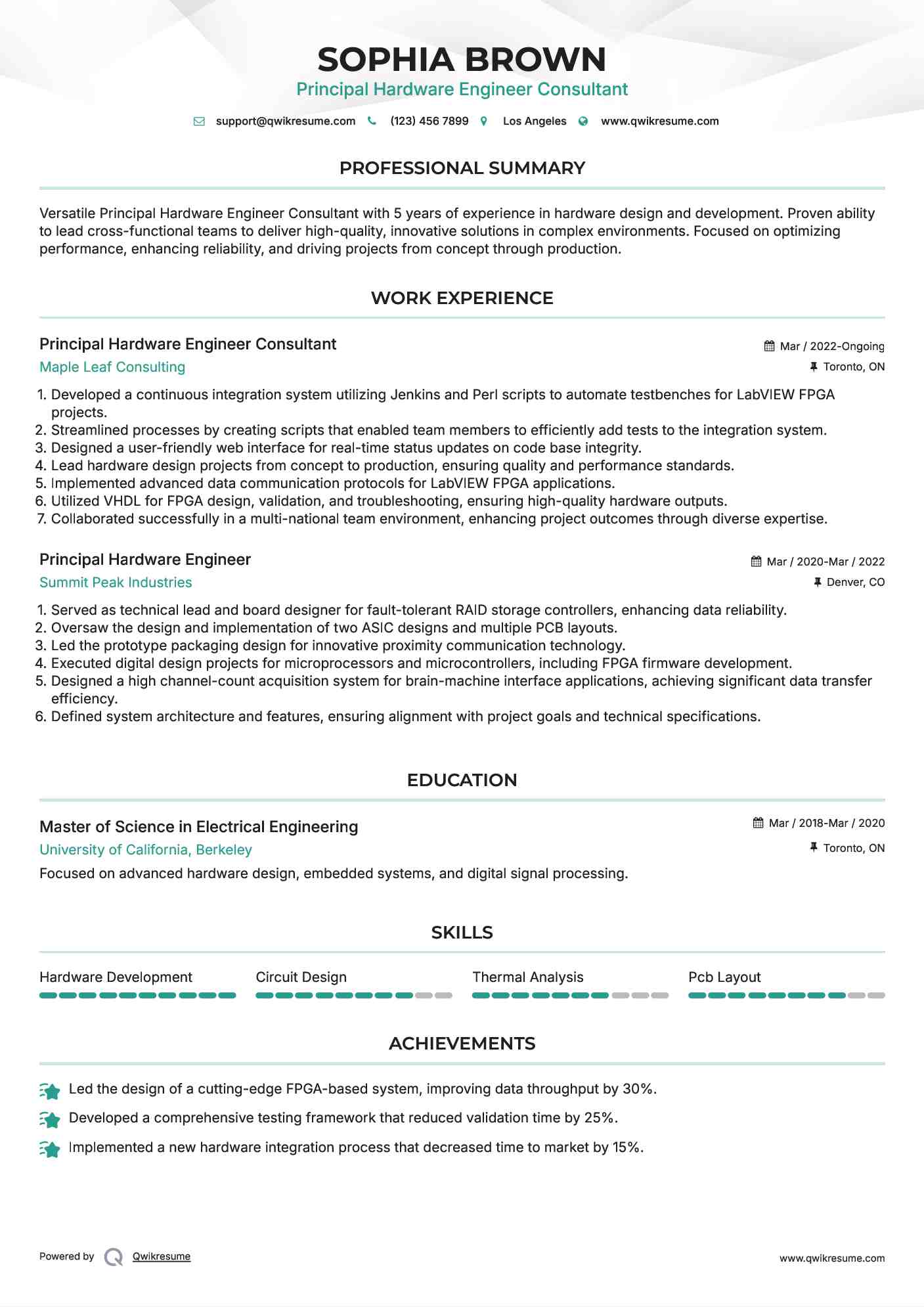 Principal Hardware Engineer Consultant Resume Example