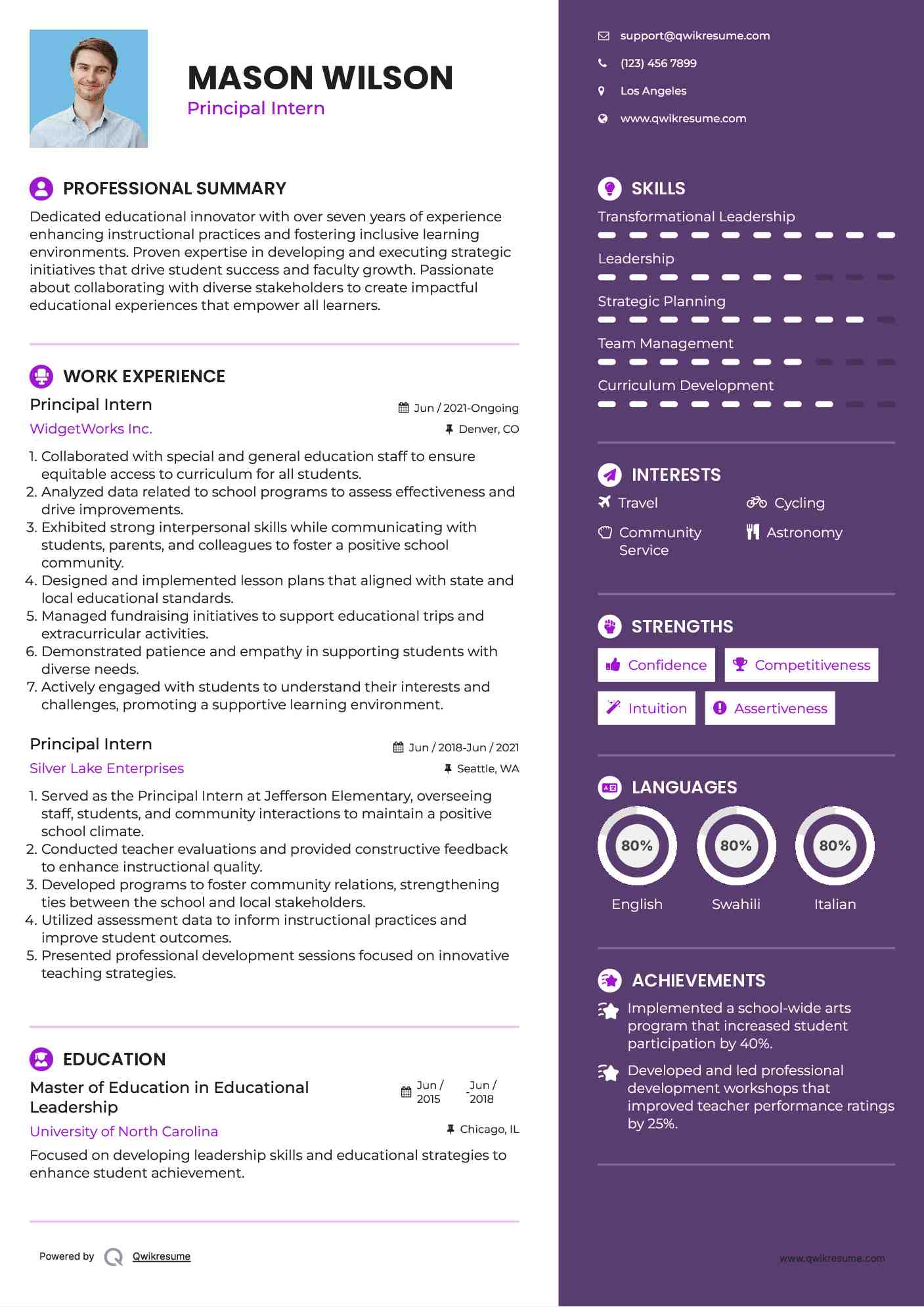 Principal Intern Resume Sample