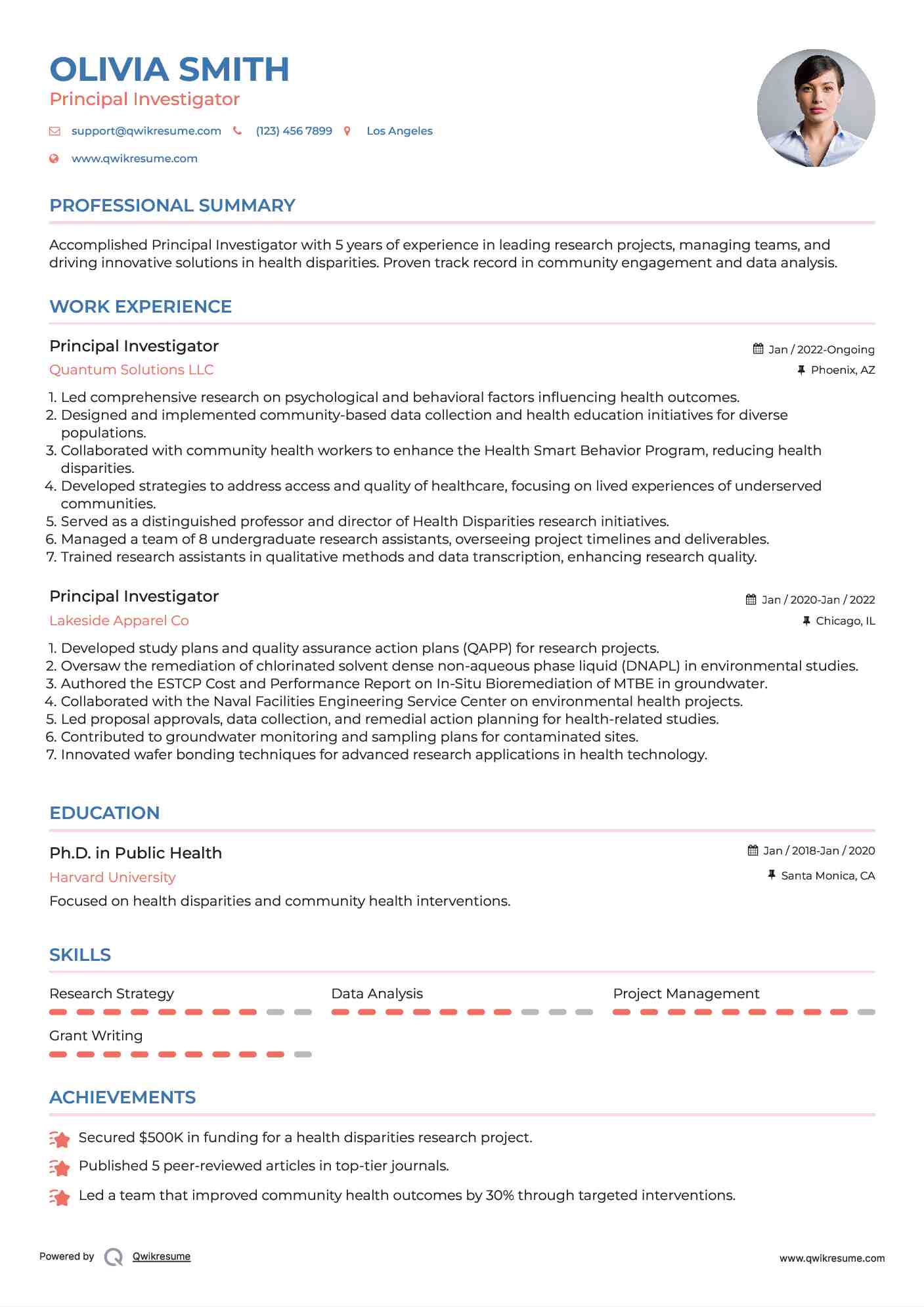 Principal Investigator Resume Template
