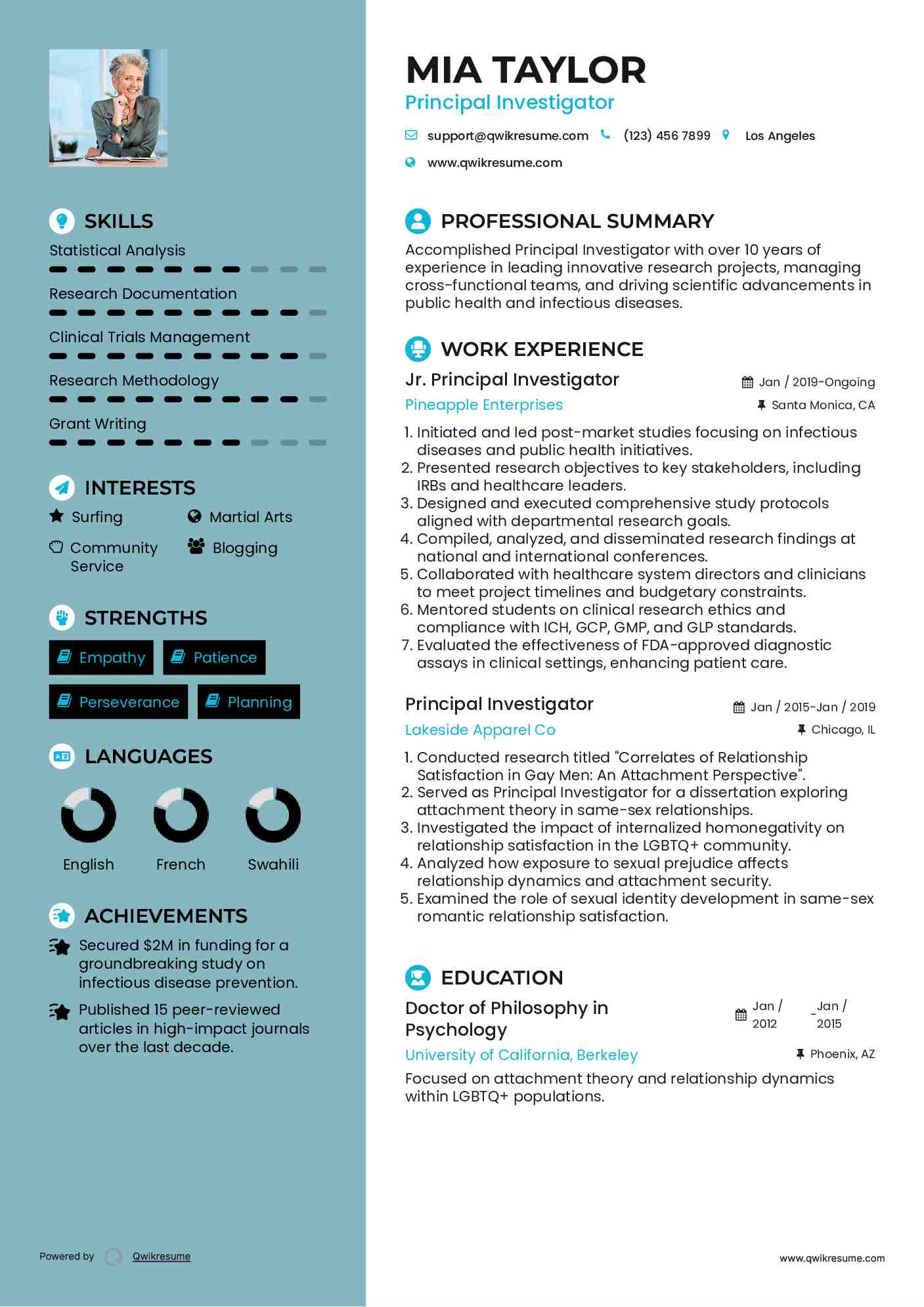 Jr. Principal Investigator Resume Model