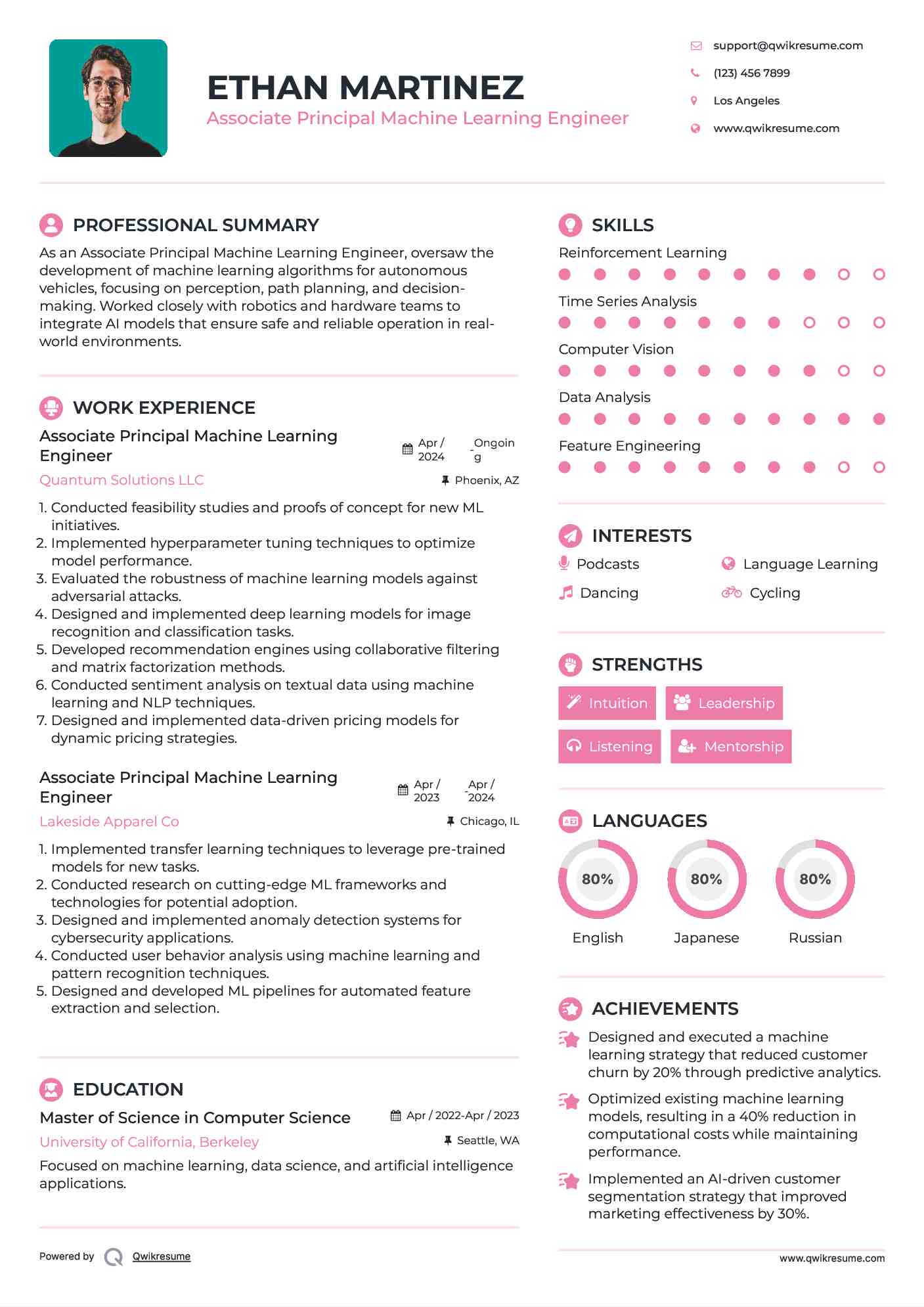 Associate Principal Machine Learning Engineer Resume Example