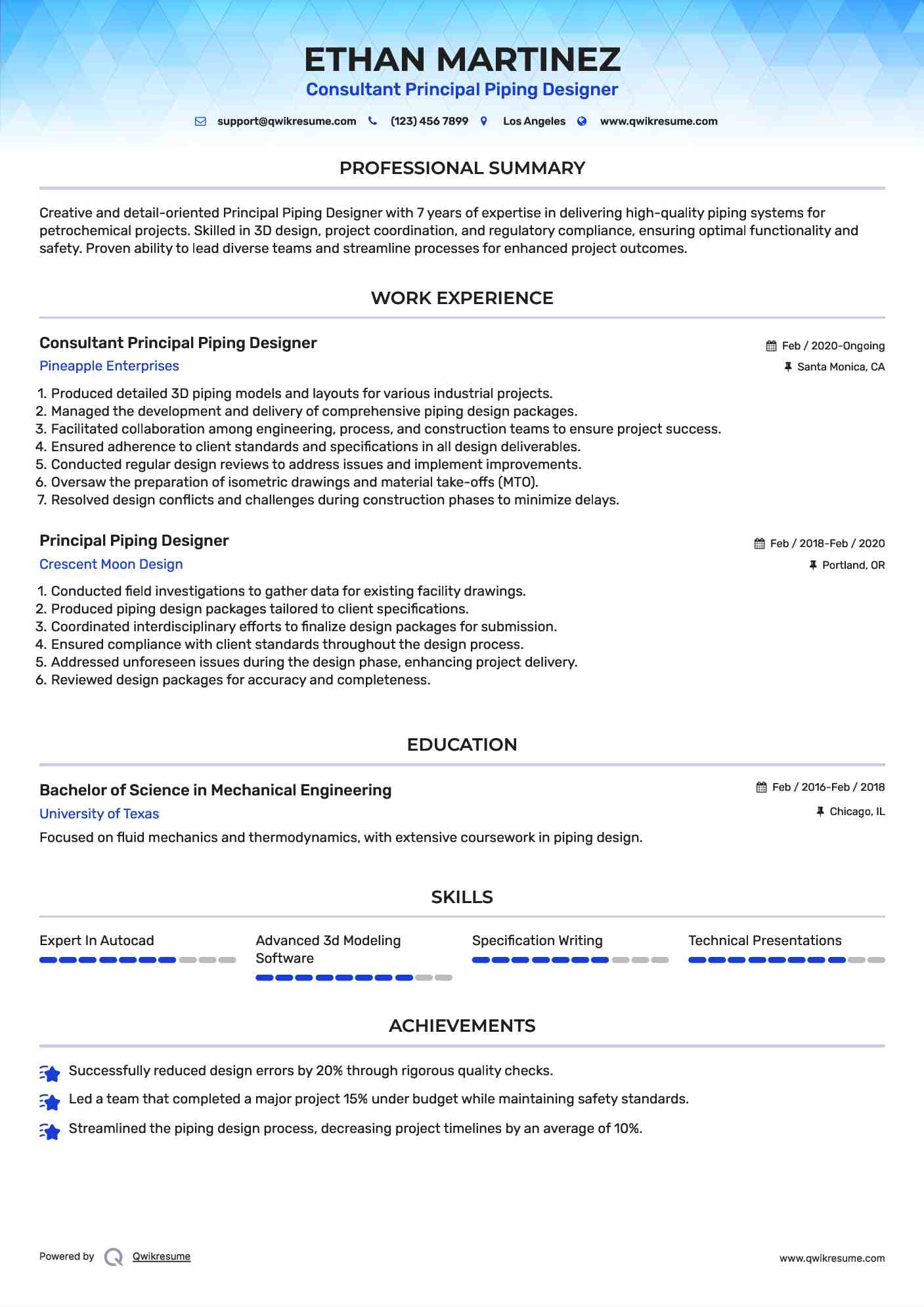 Consultant Principal Piping Designer Resume Example