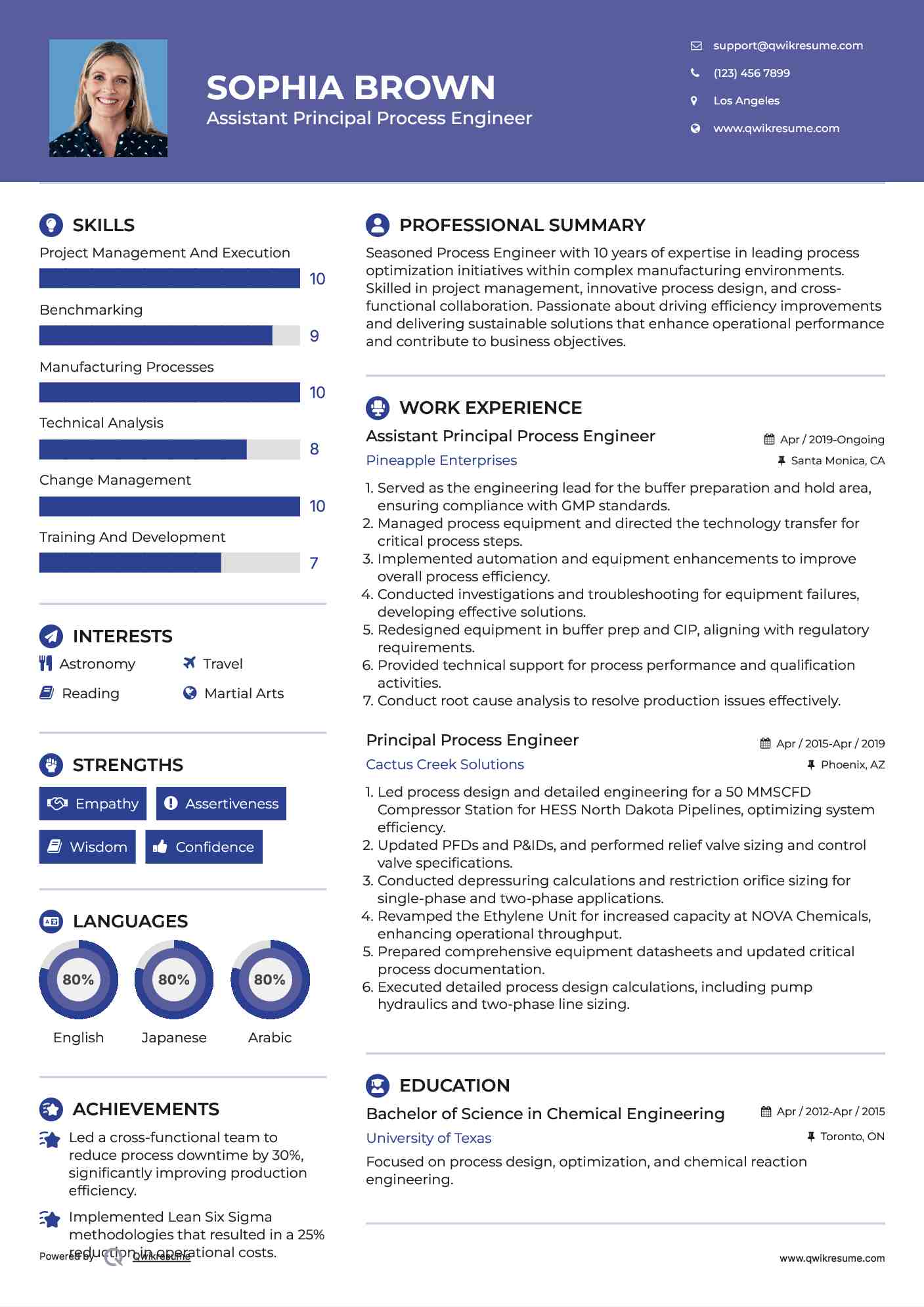 Assistant Principal Process Engineer Resume Example