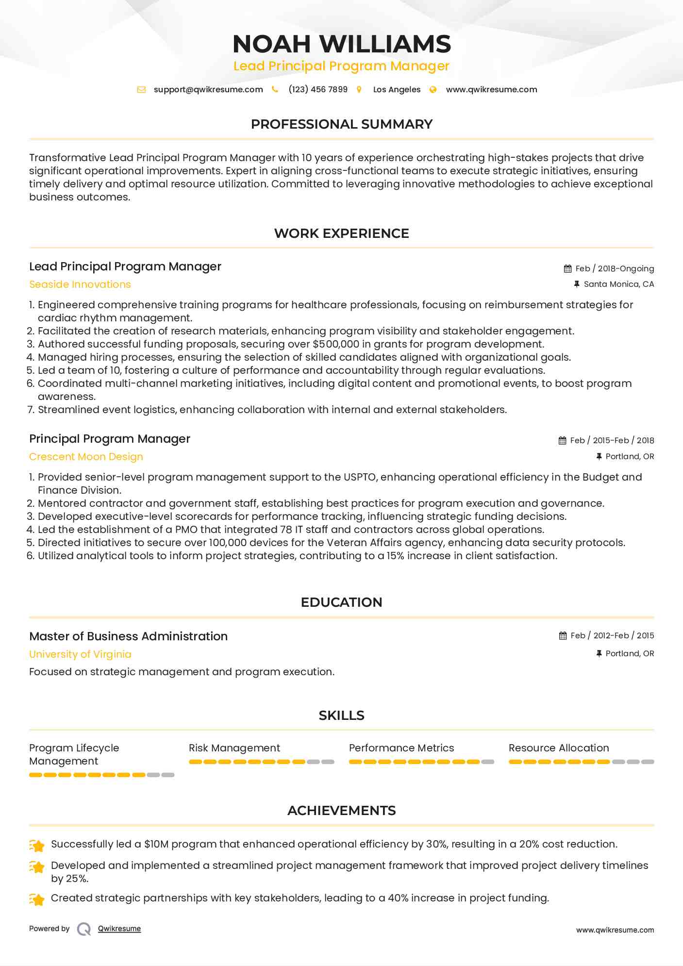 Lead Principal Program Manager Resume Model