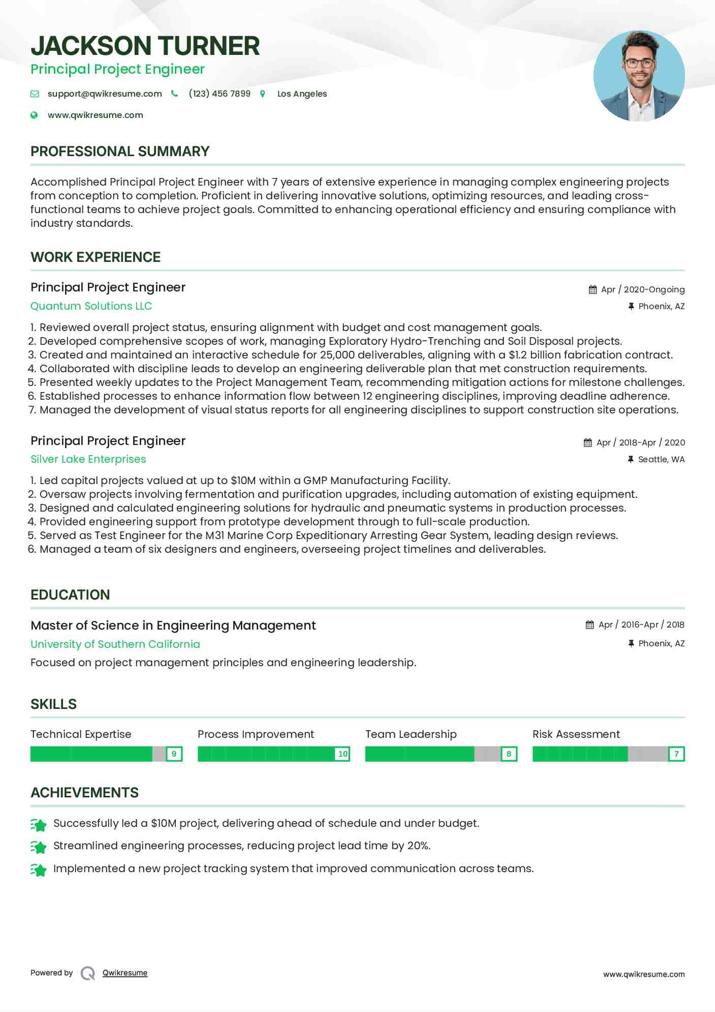 Principal Project Engineer Resume Sample