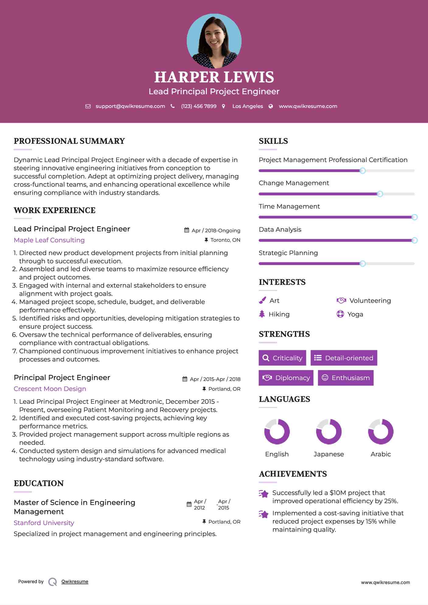 Lead Principal Project Engineer Resume Model