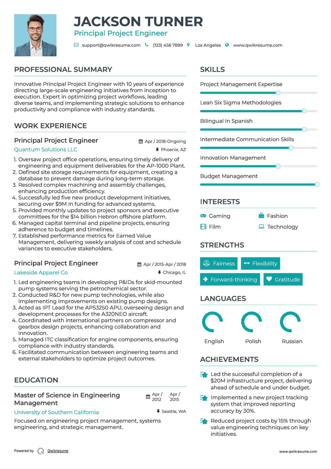 Principal Project Engineer Resume Sample