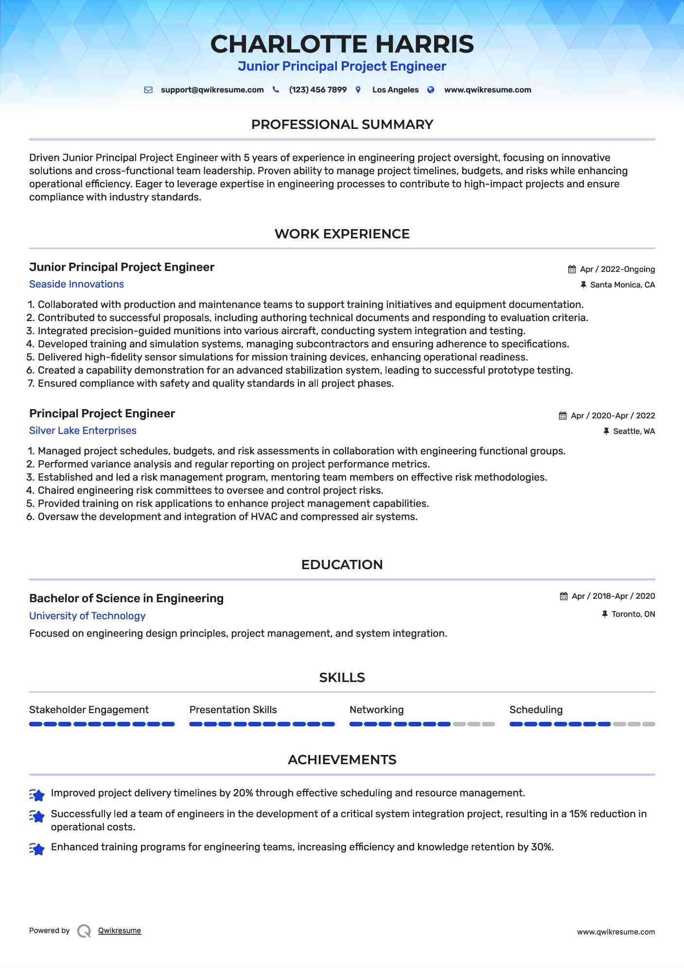 Junior Principal Project Engineer Resume Example