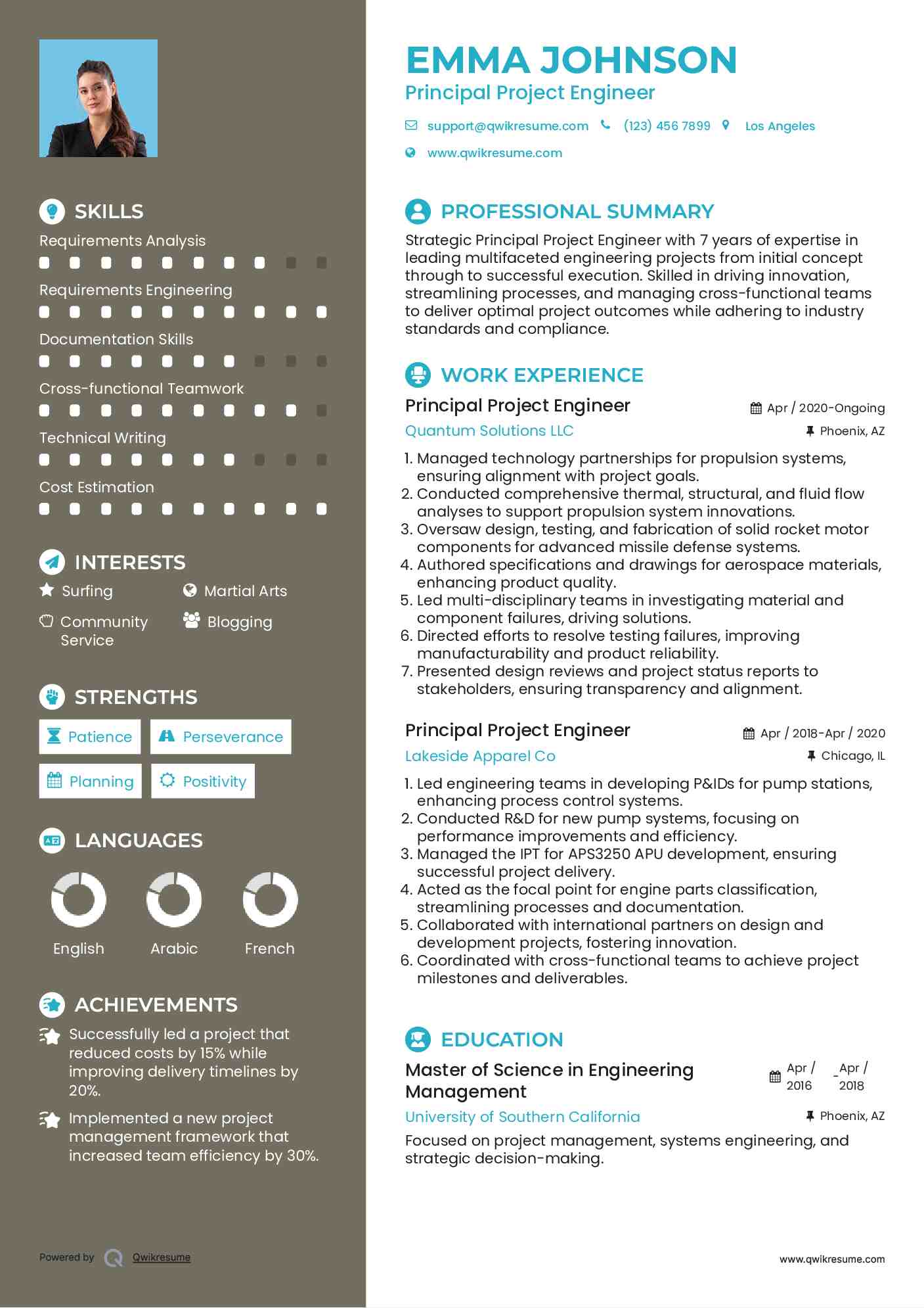 Principal Project Engineer Resume Sample