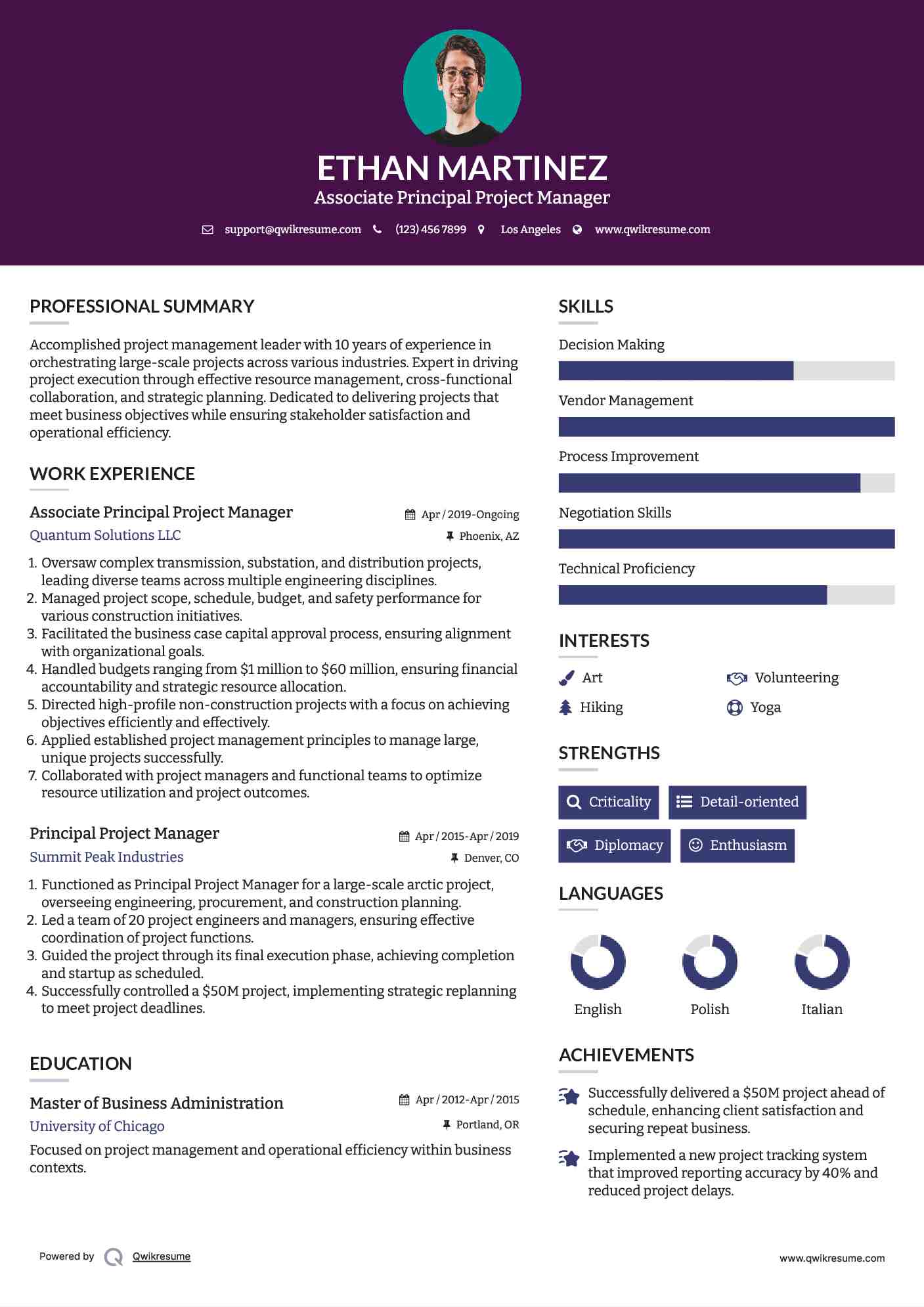 Associate Principal Project Manager Resume Sample