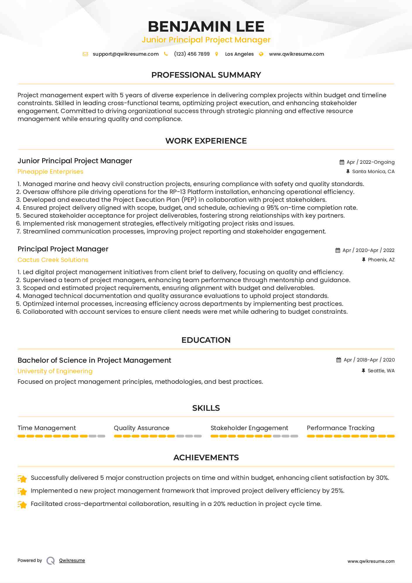 Junior Principal Project Manager Resume Template