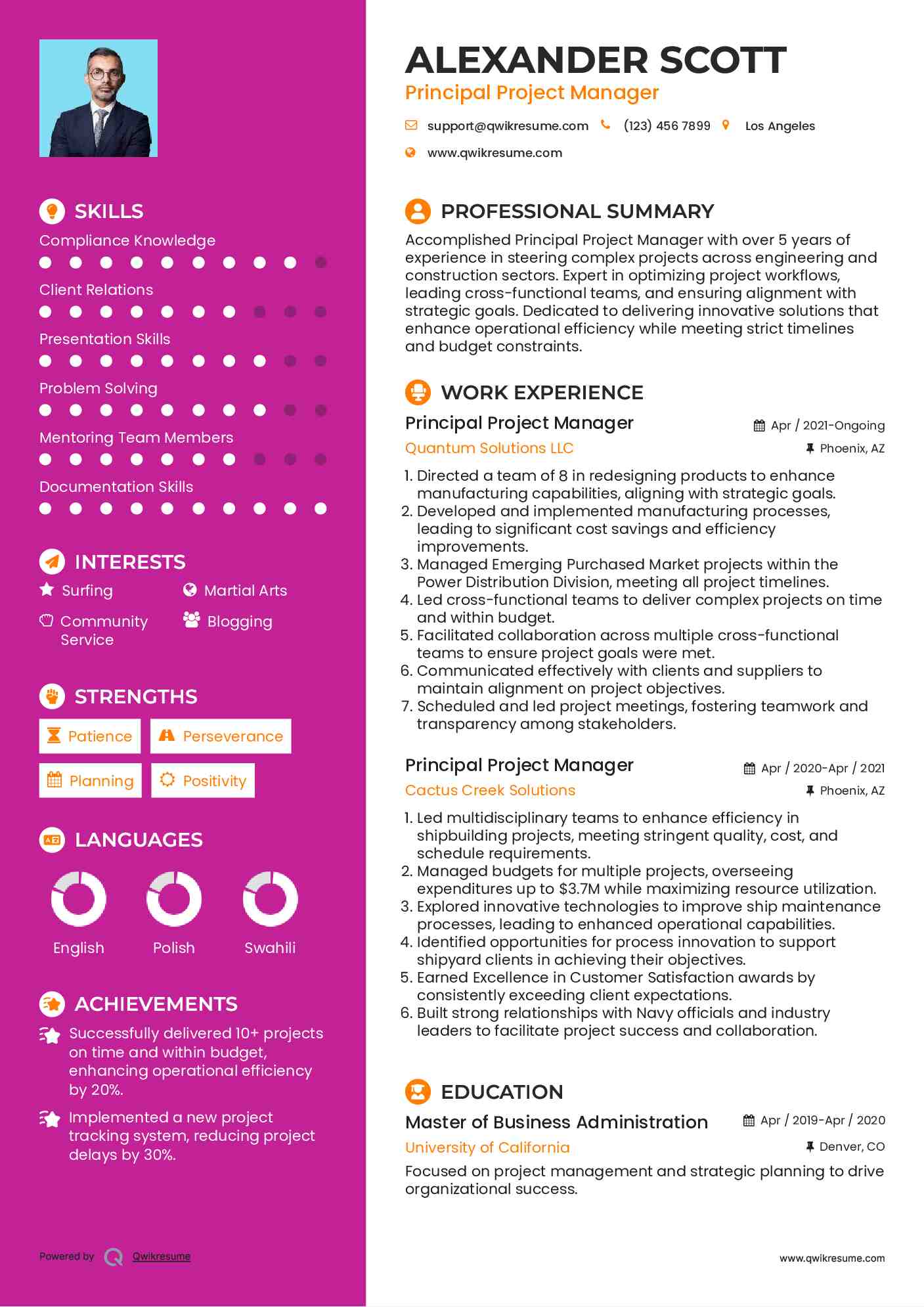 Principal Project Manager Resume Format