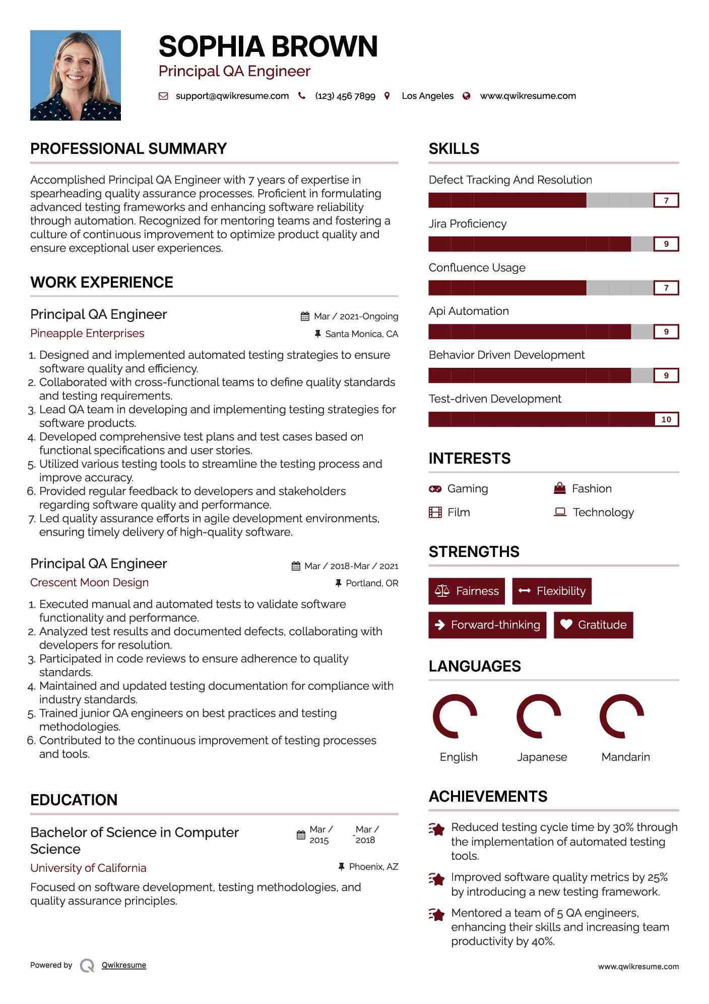 Principal QA Engineer Resume Sample
