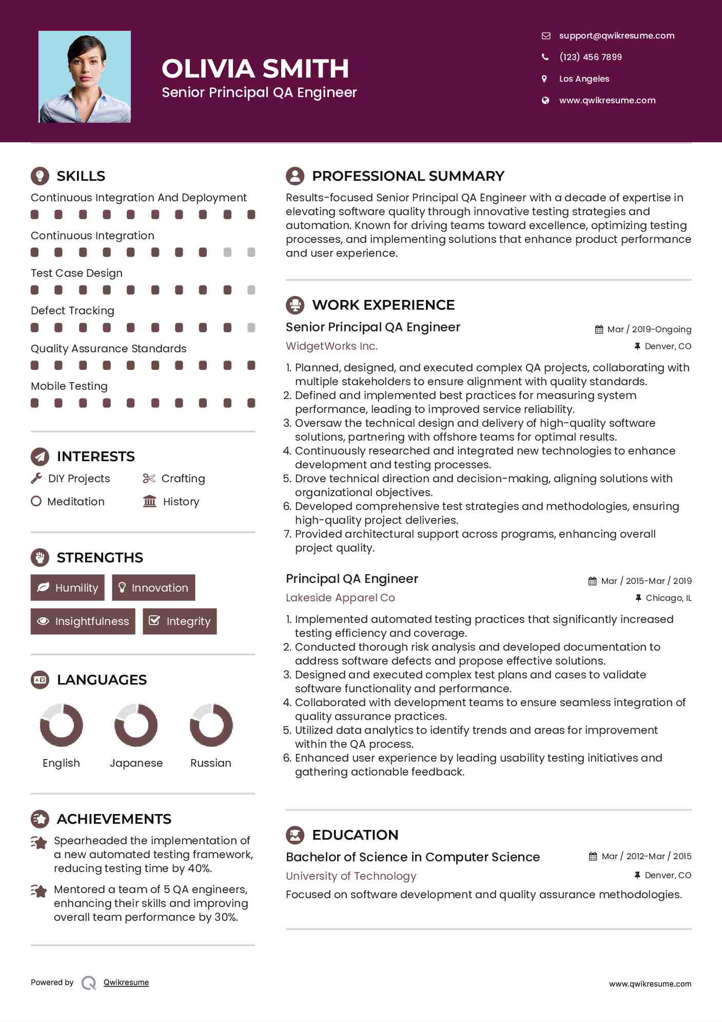 Senior Principal QA Engineer Resume Format