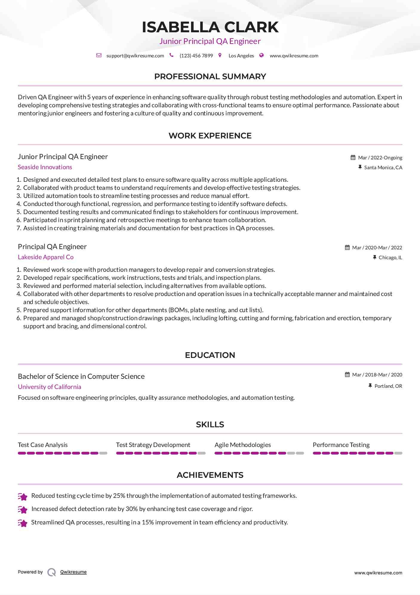 Junior Principal QA Engineer Resume Example