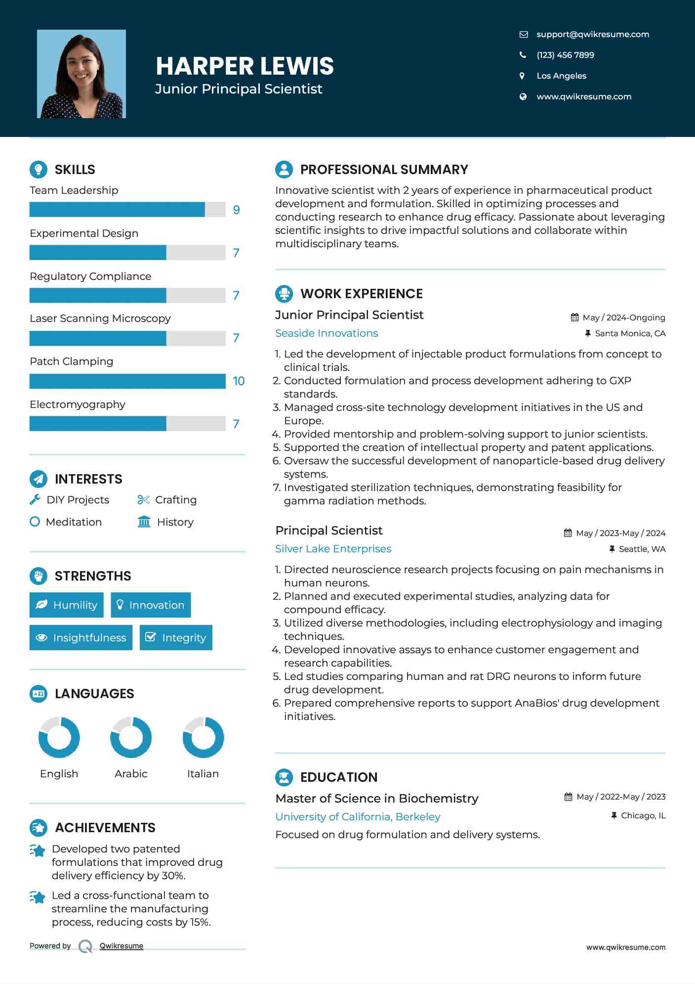 Junior Principal Scientist Resume Sample