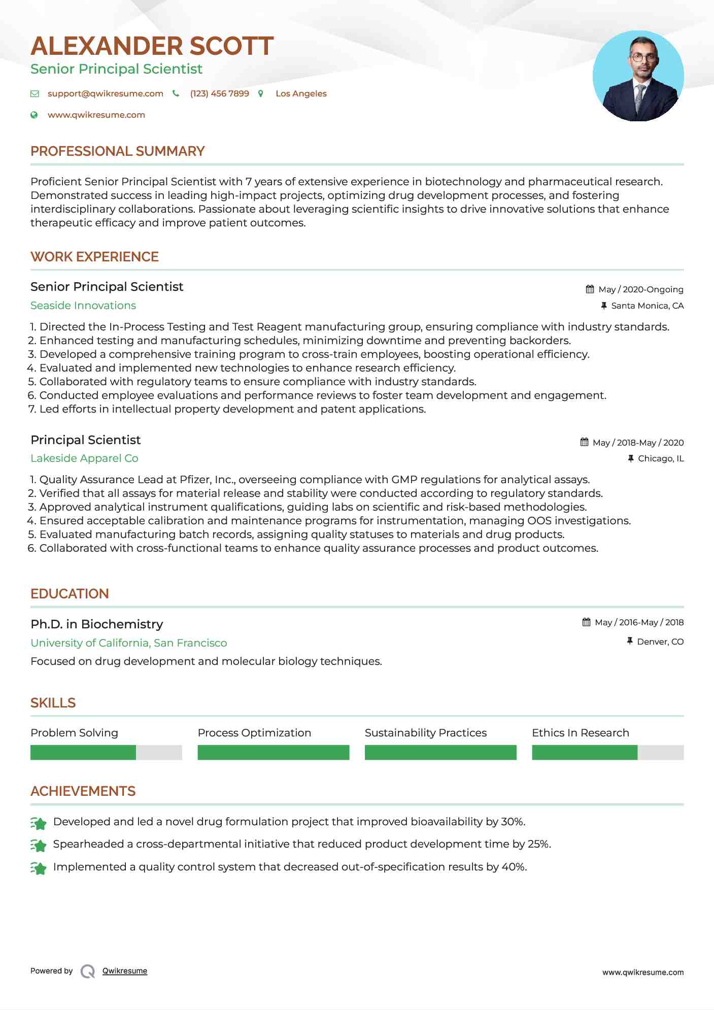 Senior Principal Scientist  Resume Example