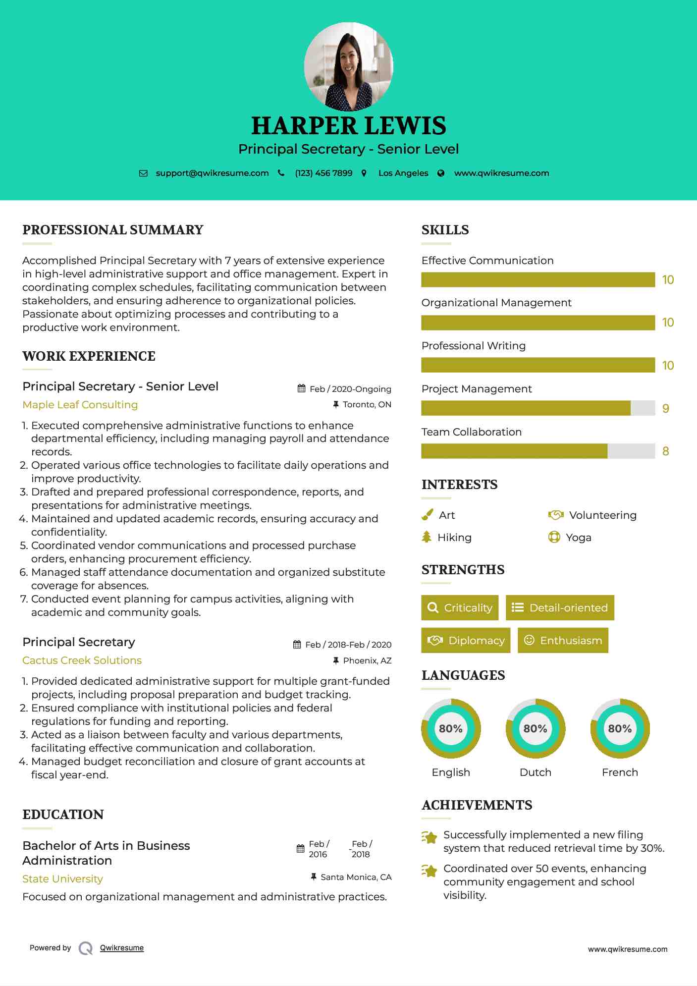 Principal Secretary - Senior Level Resume Sample