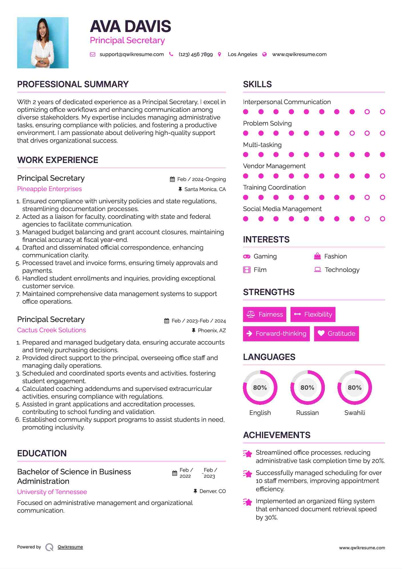 Principal Secretary Resume Template