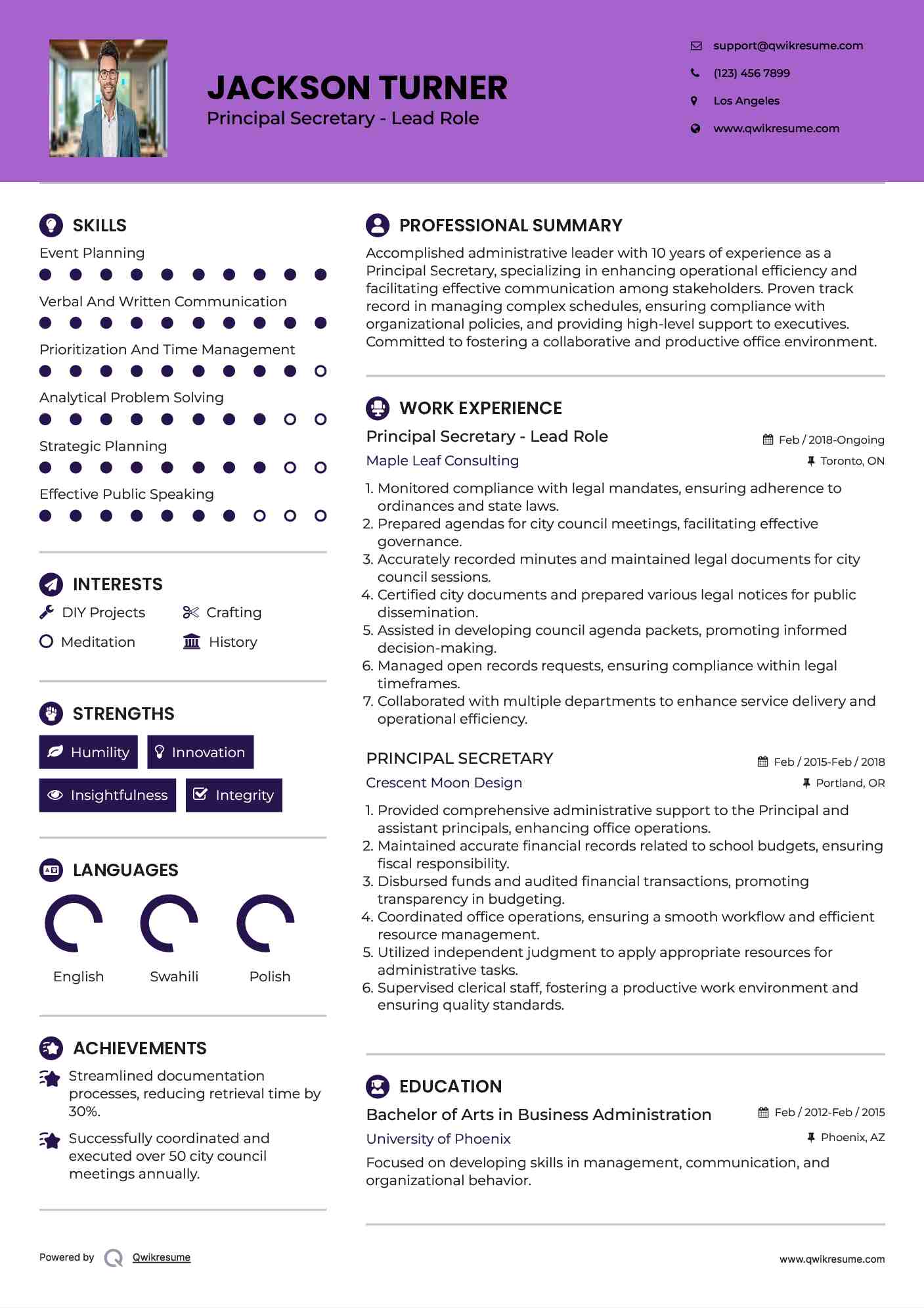 Principal Secretary - Lead Role Resume Sample