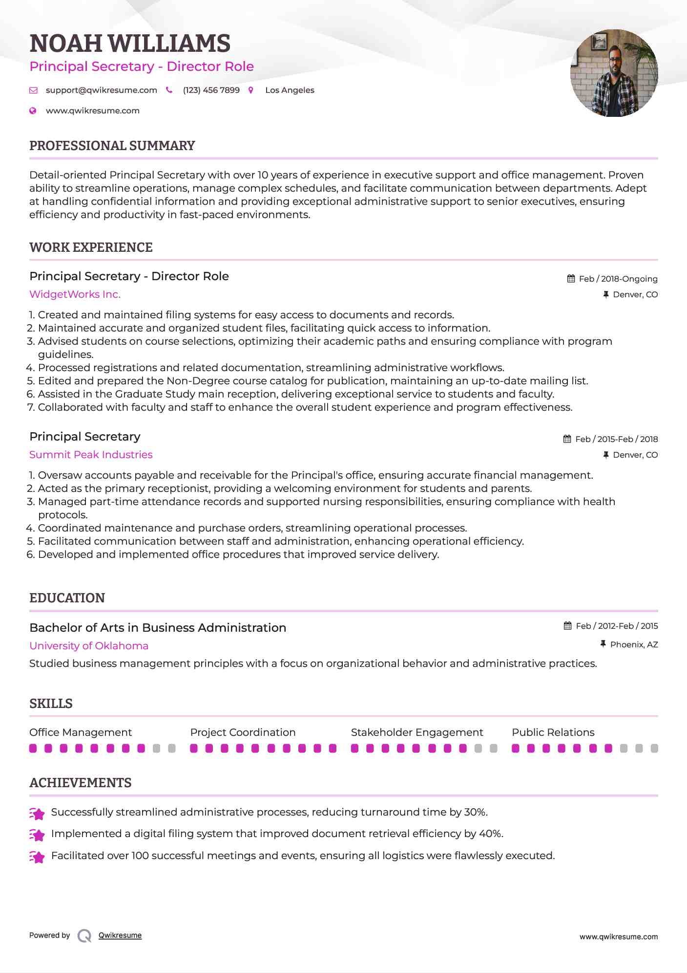 Principal Secretary - Director Role Resume Sample