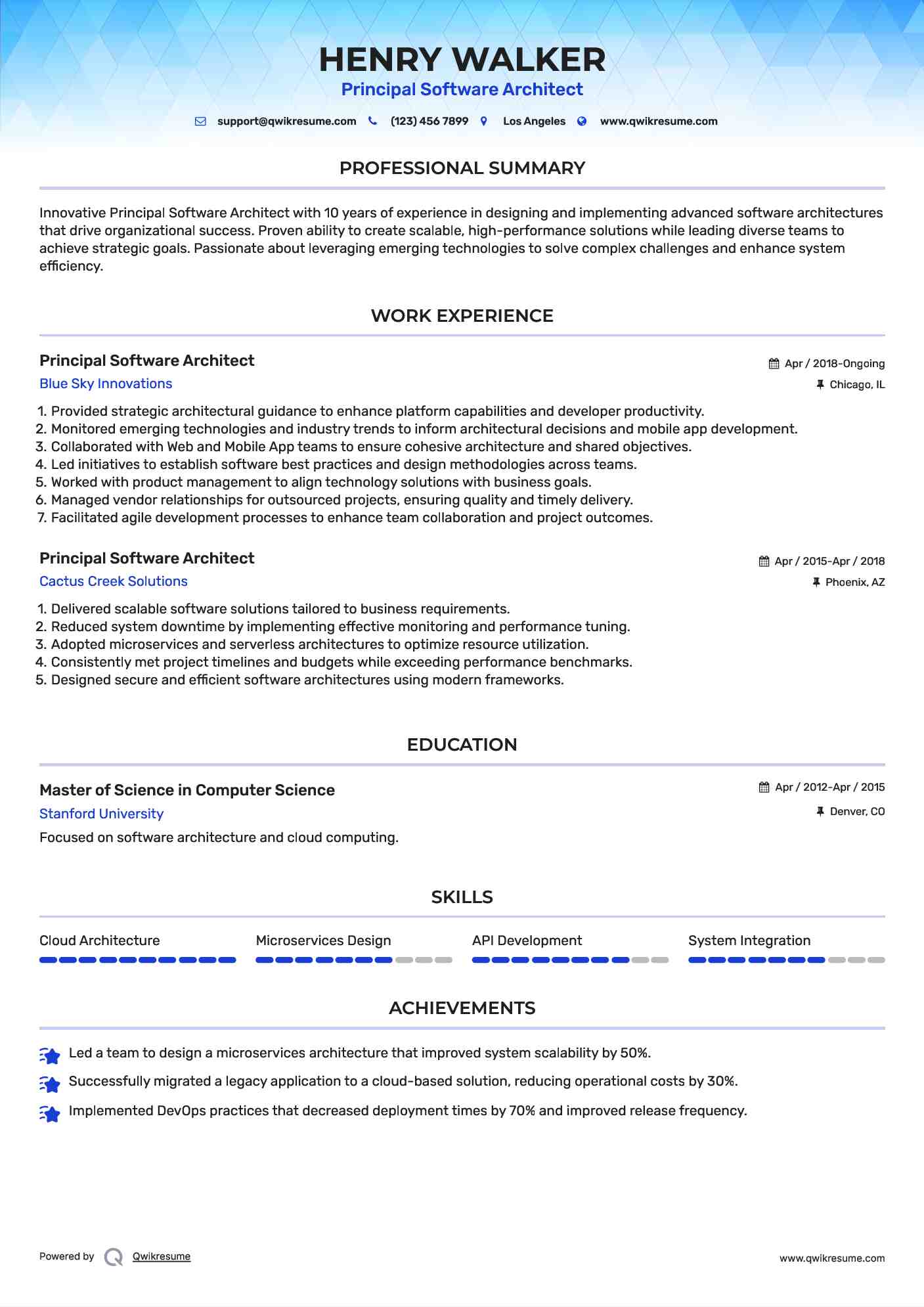 Principal Software Architect Resume Example