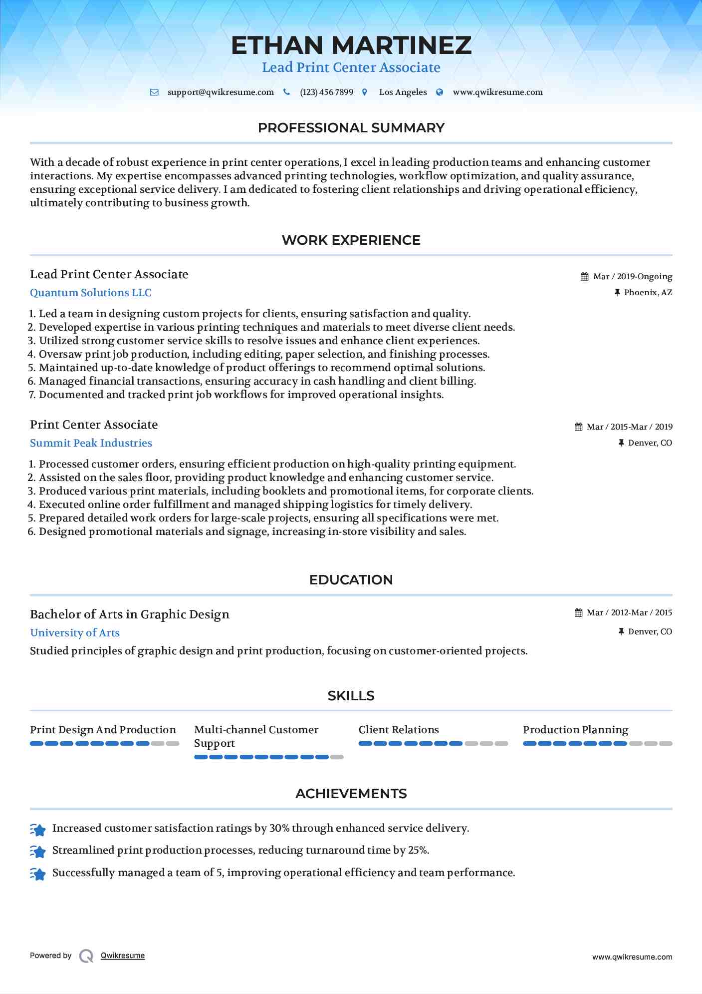 Lead Print Center Associate Resume Example