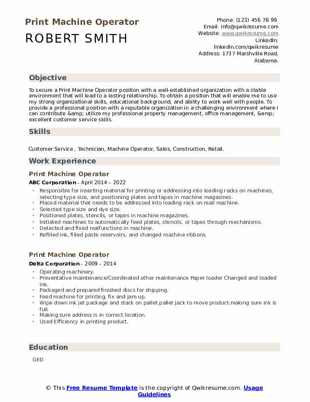 Print Machine Operator Resume Samples QwikResume