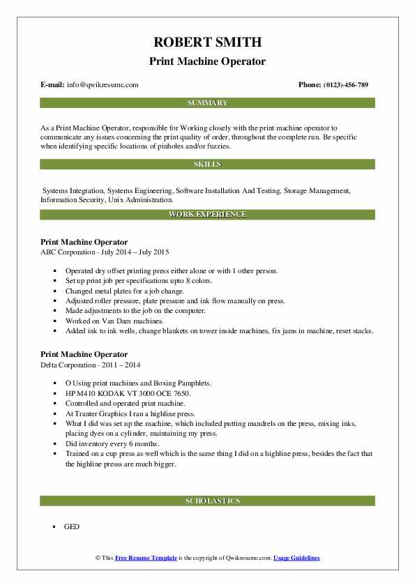 Print Machine Operator Resume Samples QwikResume