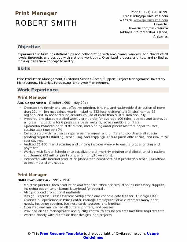 Print Manager Resume Samples QwikResume