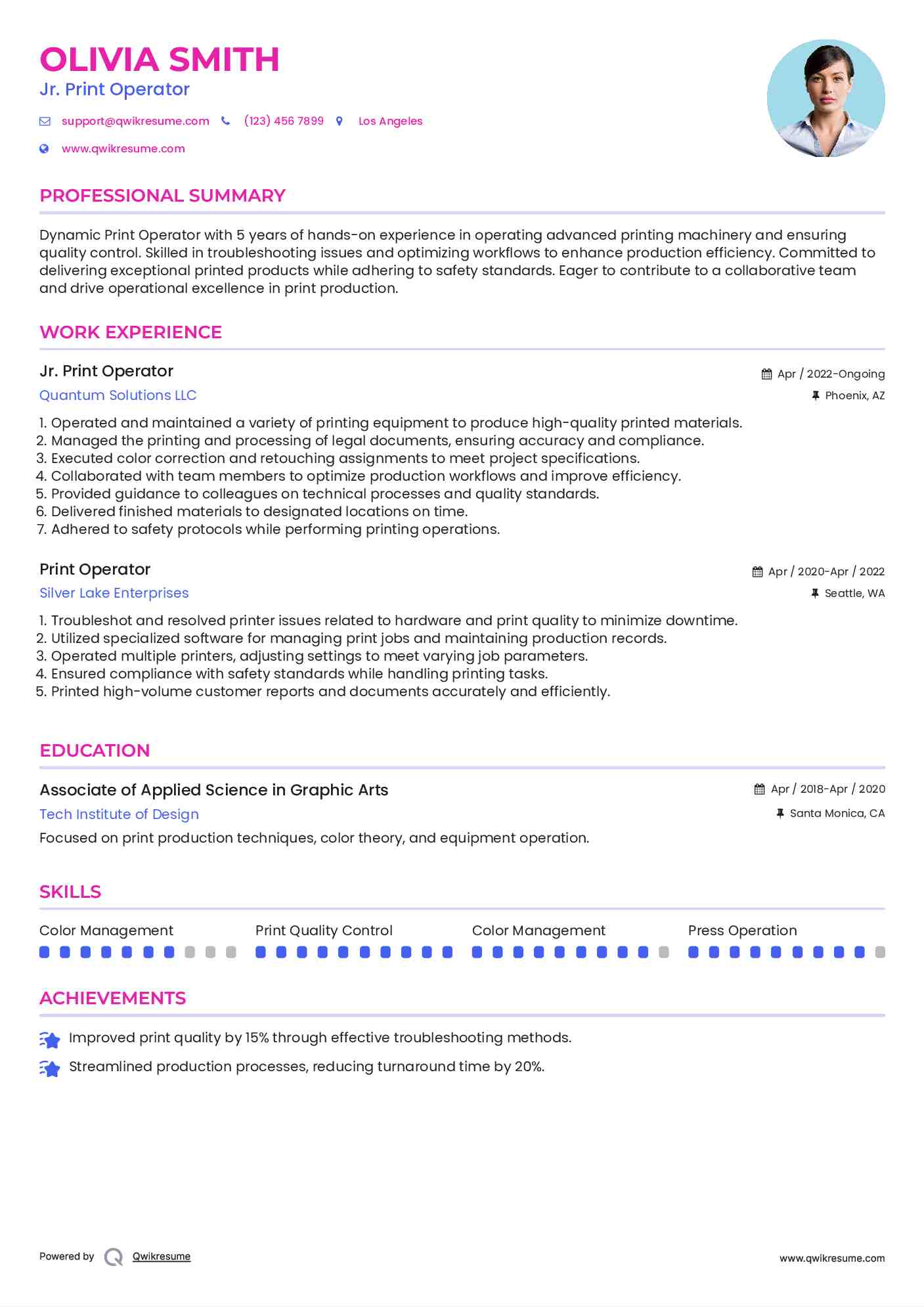 Jr. Print Operator Resume Sample