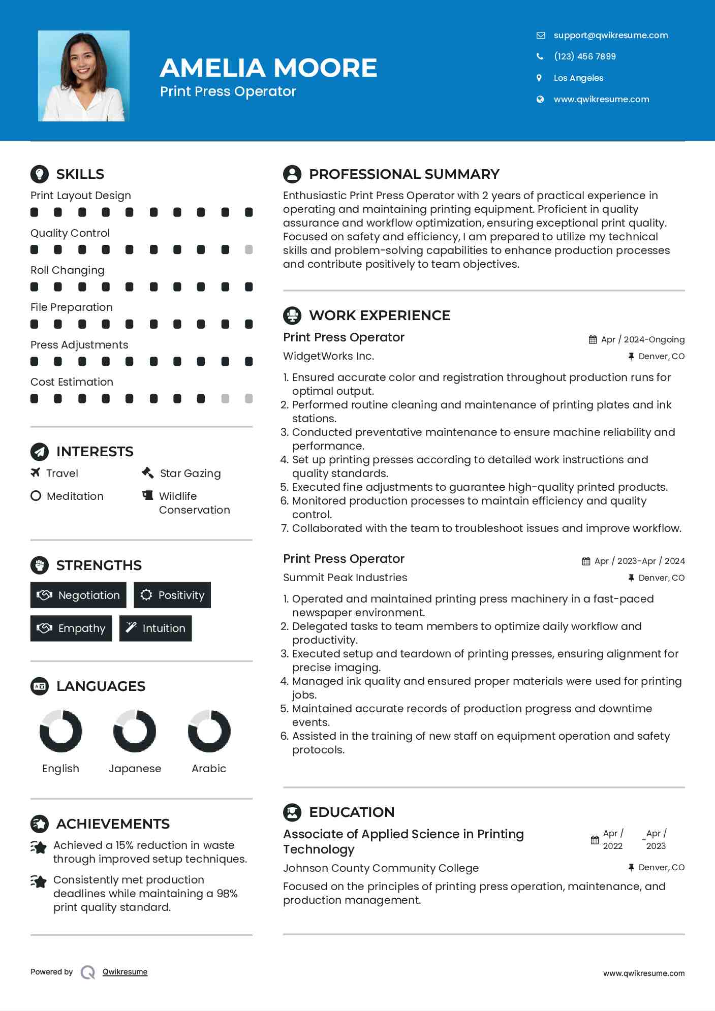 Print Press Operator Resume Example