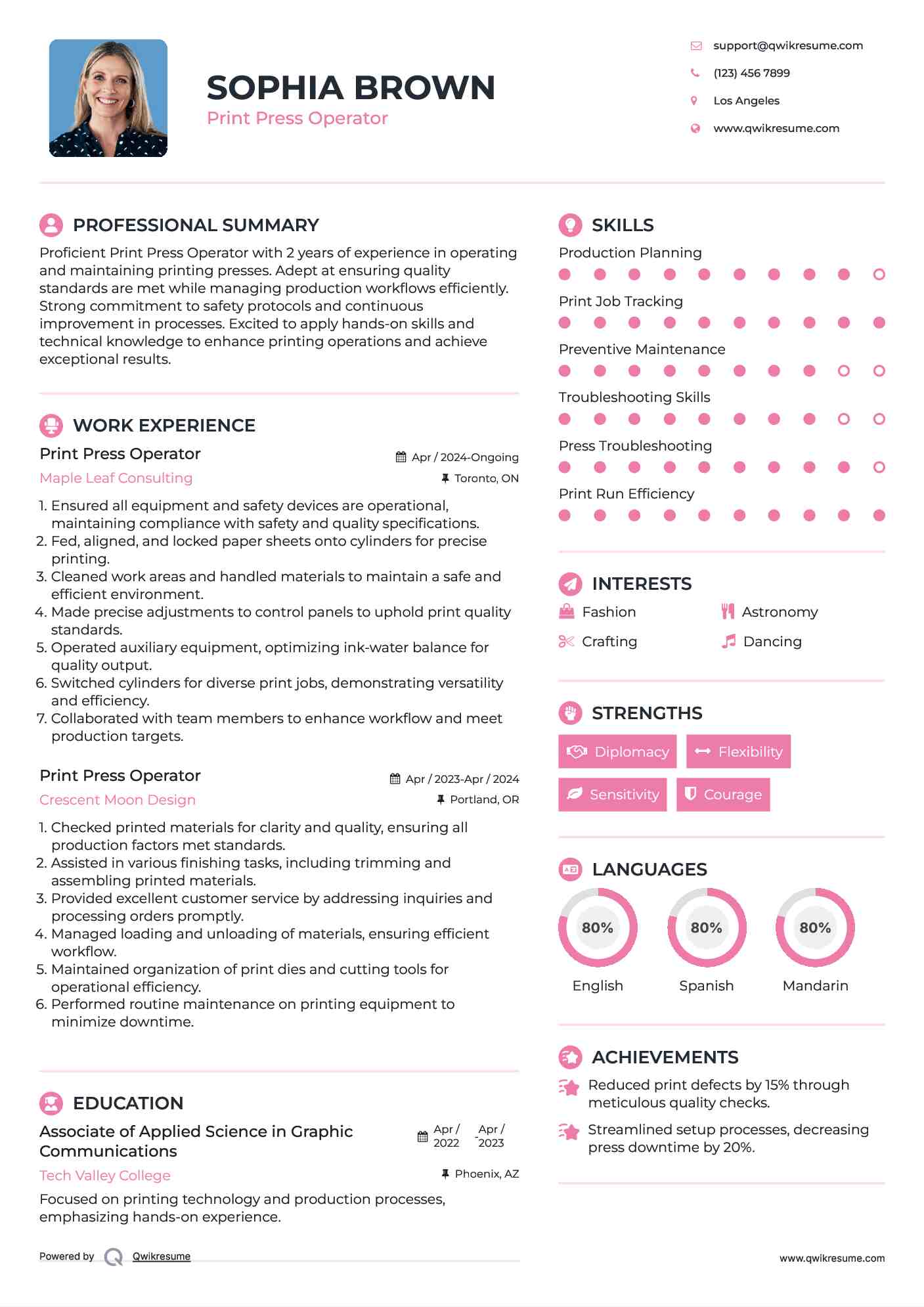 Print Press Operator Resume Sample