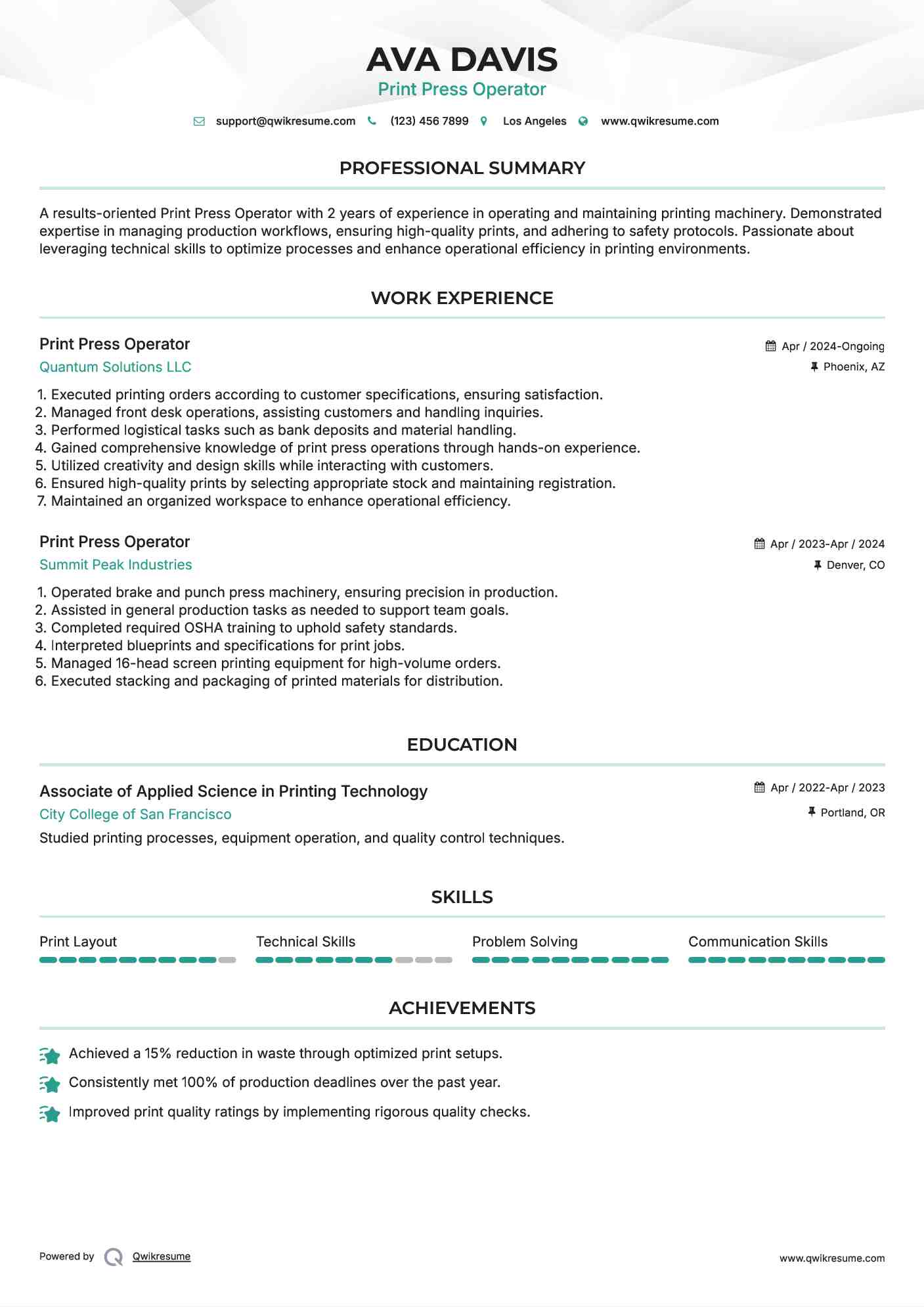 Print Press Operator Resume Template