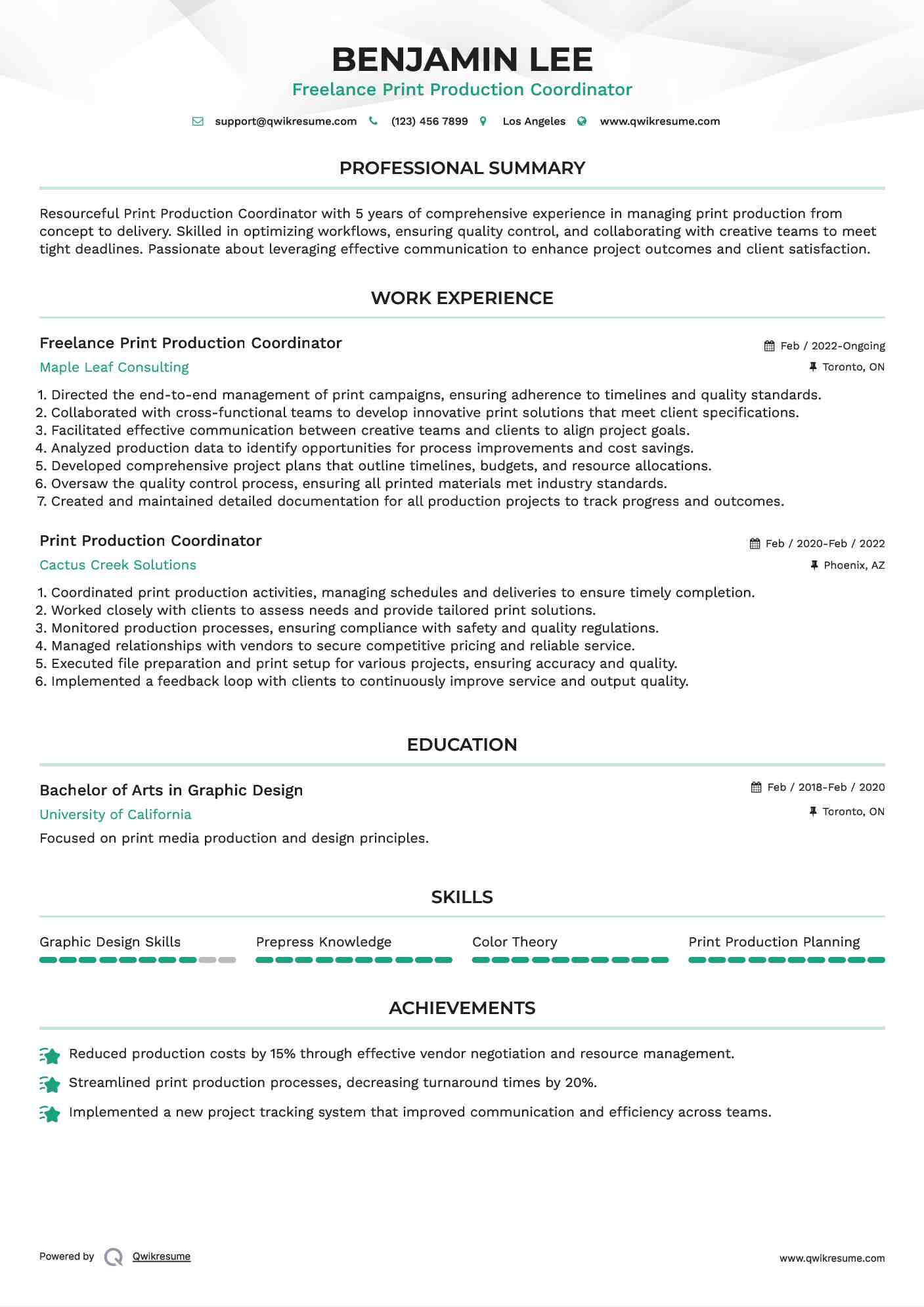 Freelance Print Production Coordinator Resume Sample