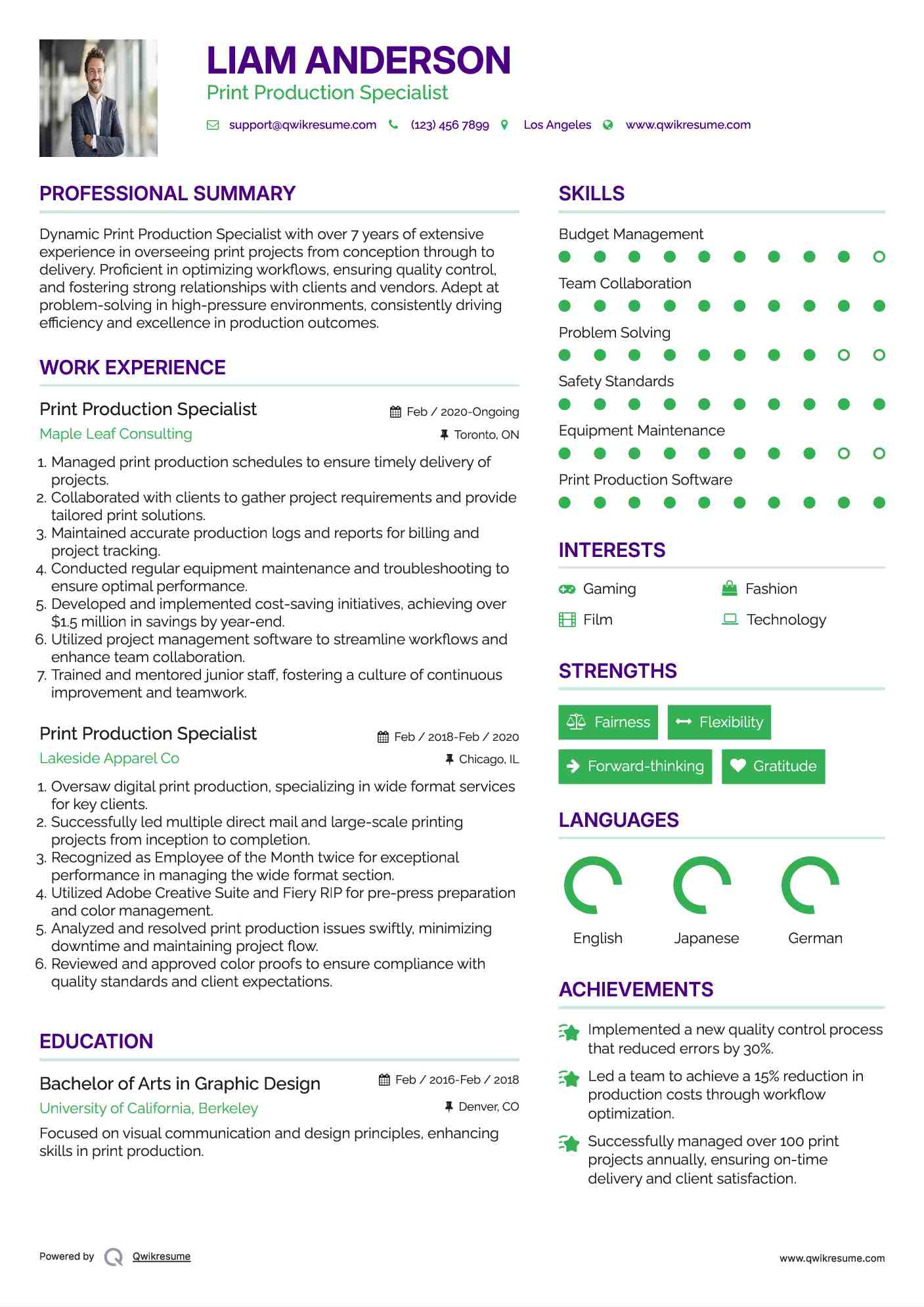 Print Production Specialist Resume Template