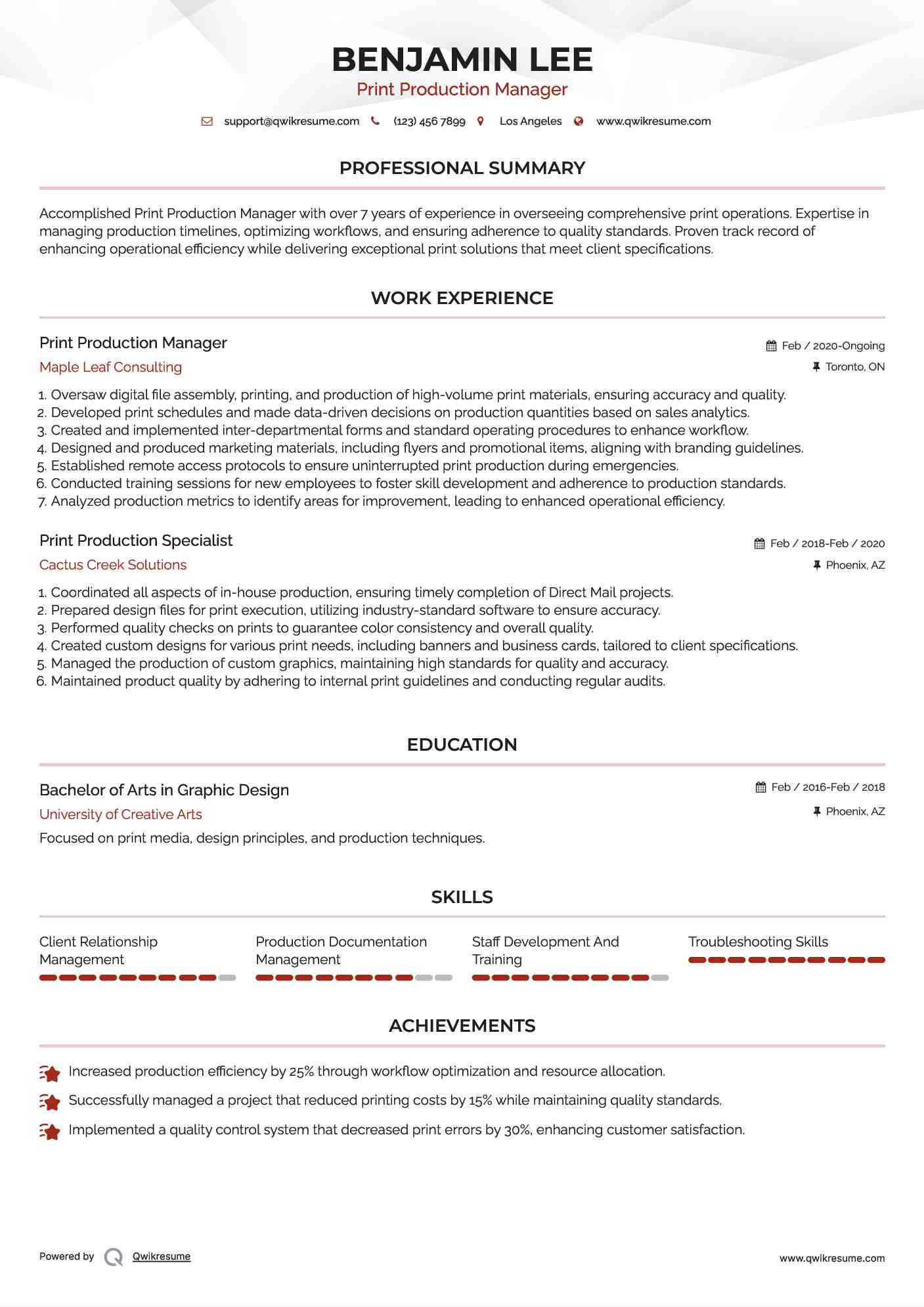 Print Production Manager Resume Template