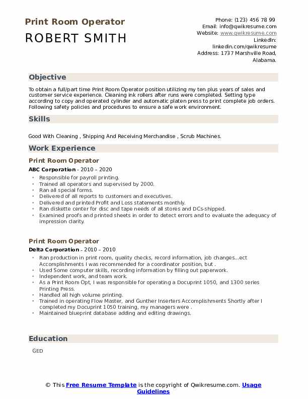 Print Room Operator Resume Samples QwikResume