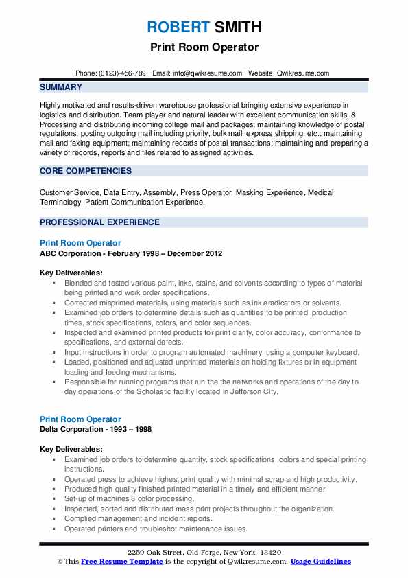 Print Room Operator Resume Samples QwikResume