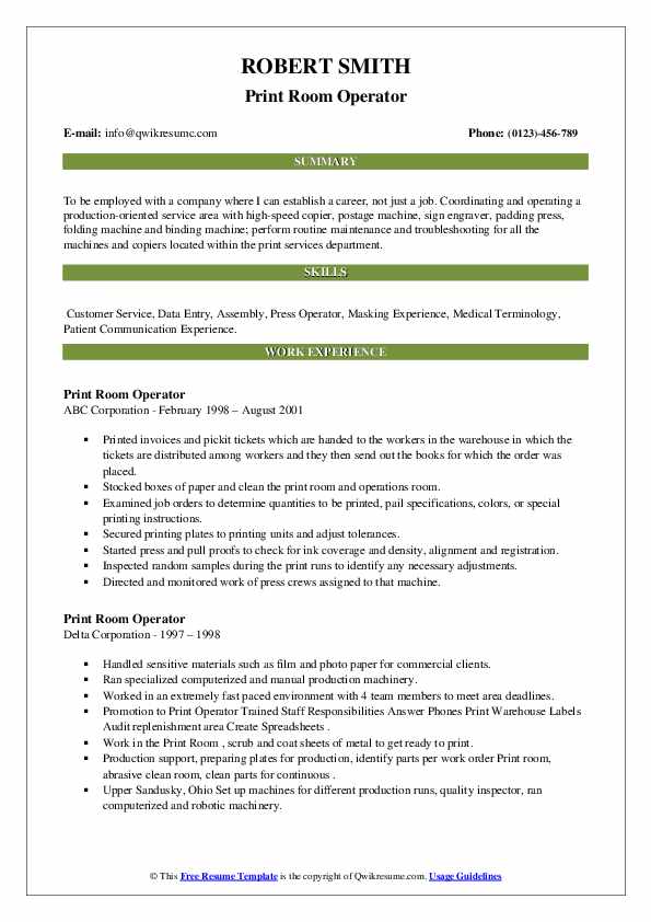 Print Room Operator Resume Samples QwikResume