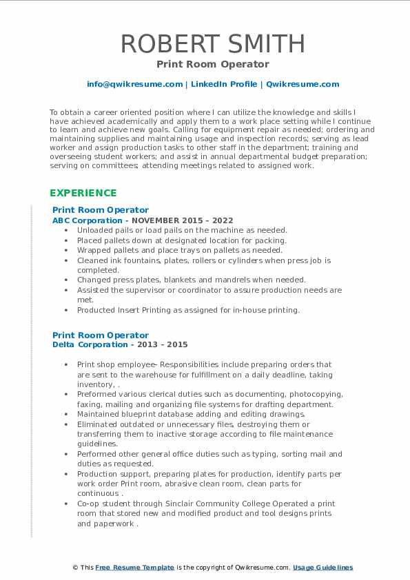 Print Room Operator Resume Samples QwikResume