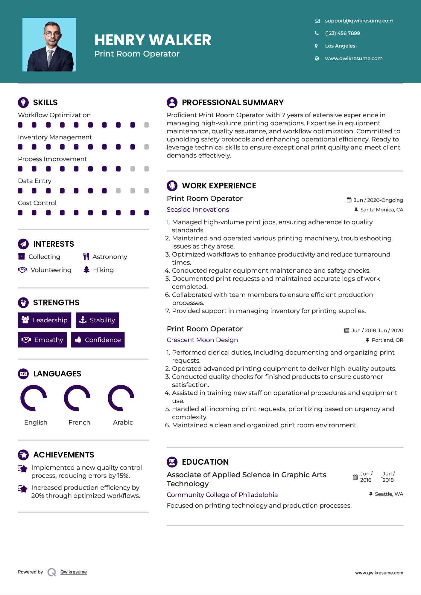 Print Room Operator Resume Model