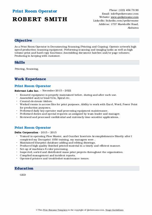 Print Room Operator Resume Samples QwikResume