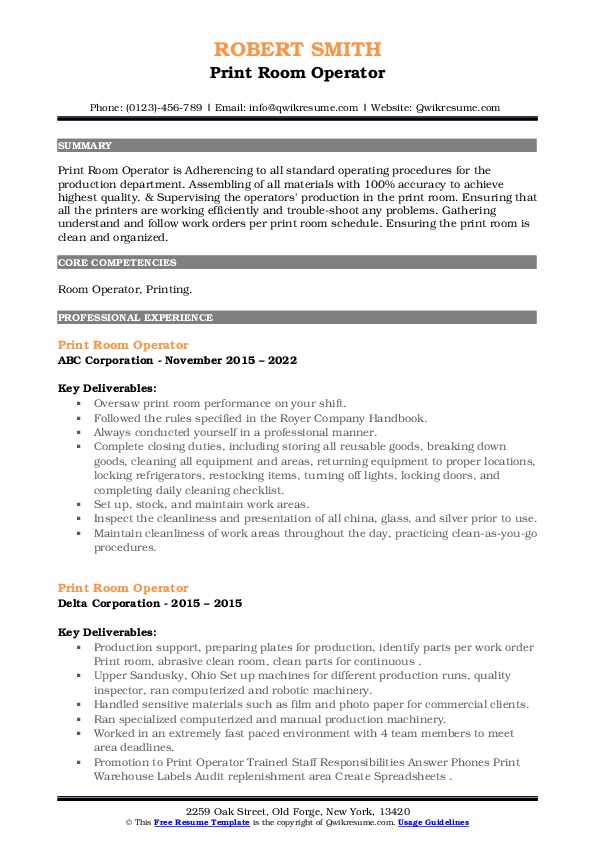 Print Room Operator Resume Samples QwikResume