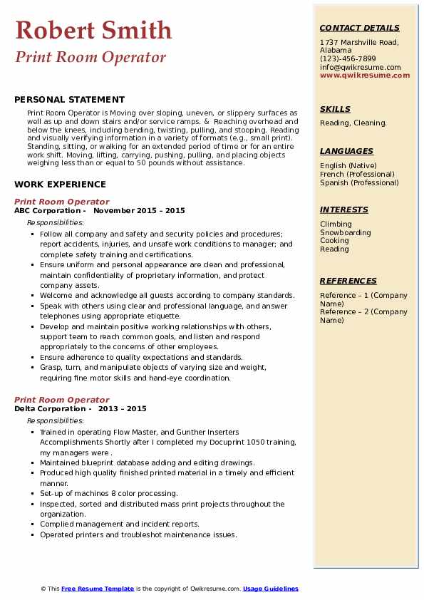 Print Room Operator Resume Samples QwikResume